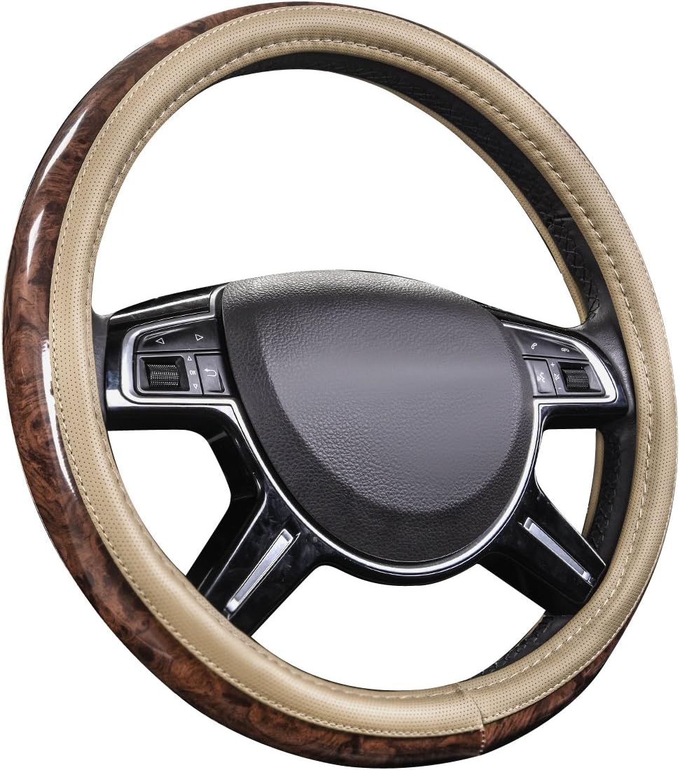 CAR PASS Wood Grain 14.5-15 inch Microfiber Leather Steering Wheel Cover, Anti-Slip Veins Design Steering Wheel Universal Fit for Most Cars, Sedans, SUVs, MiniVans, Small Trusks, Beige