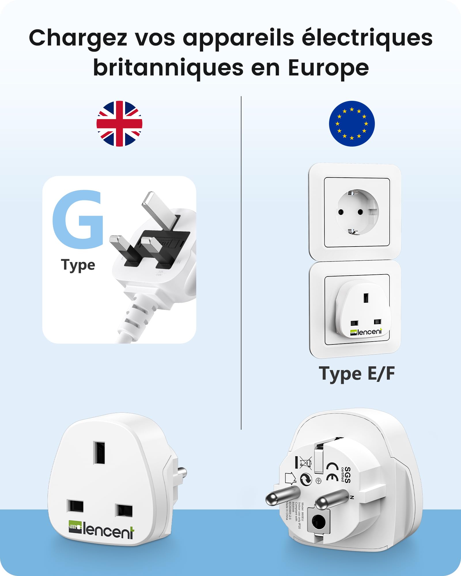 LENCENT Adaptateur Prise UK vers France/Europe, Prise Type G vers Type E, Adaptateur pour appareils électriques Britanniques vers la France, Prise Anglaise vers française 2 Pièces