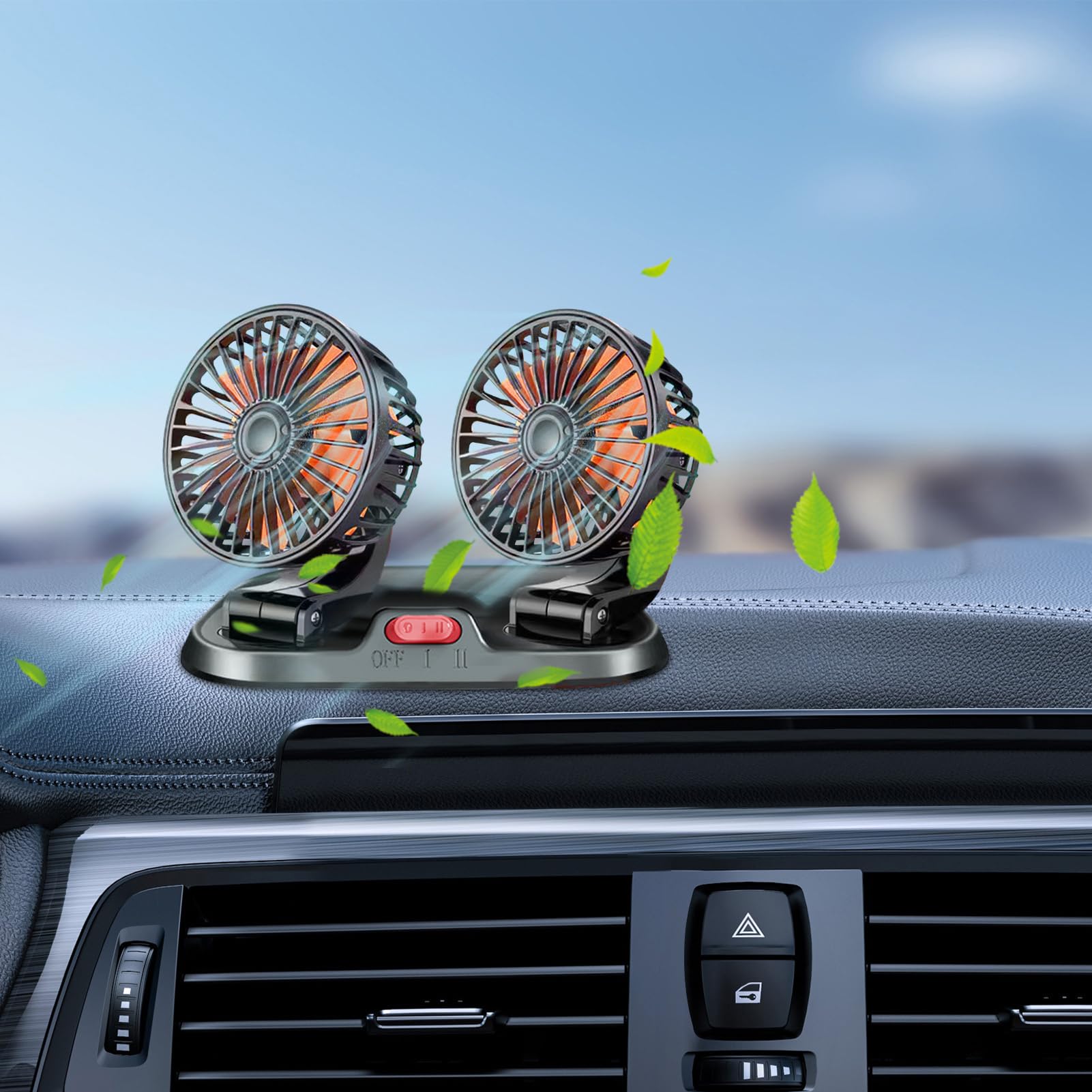 Ventilatore elettrico per auto, ventole rotanti a doppia testa a 360 gradi, ventilatore elettrico del veicolo da 12 V/24 V, ventilatore per auto di raffreddamento USB interno, ventilatore