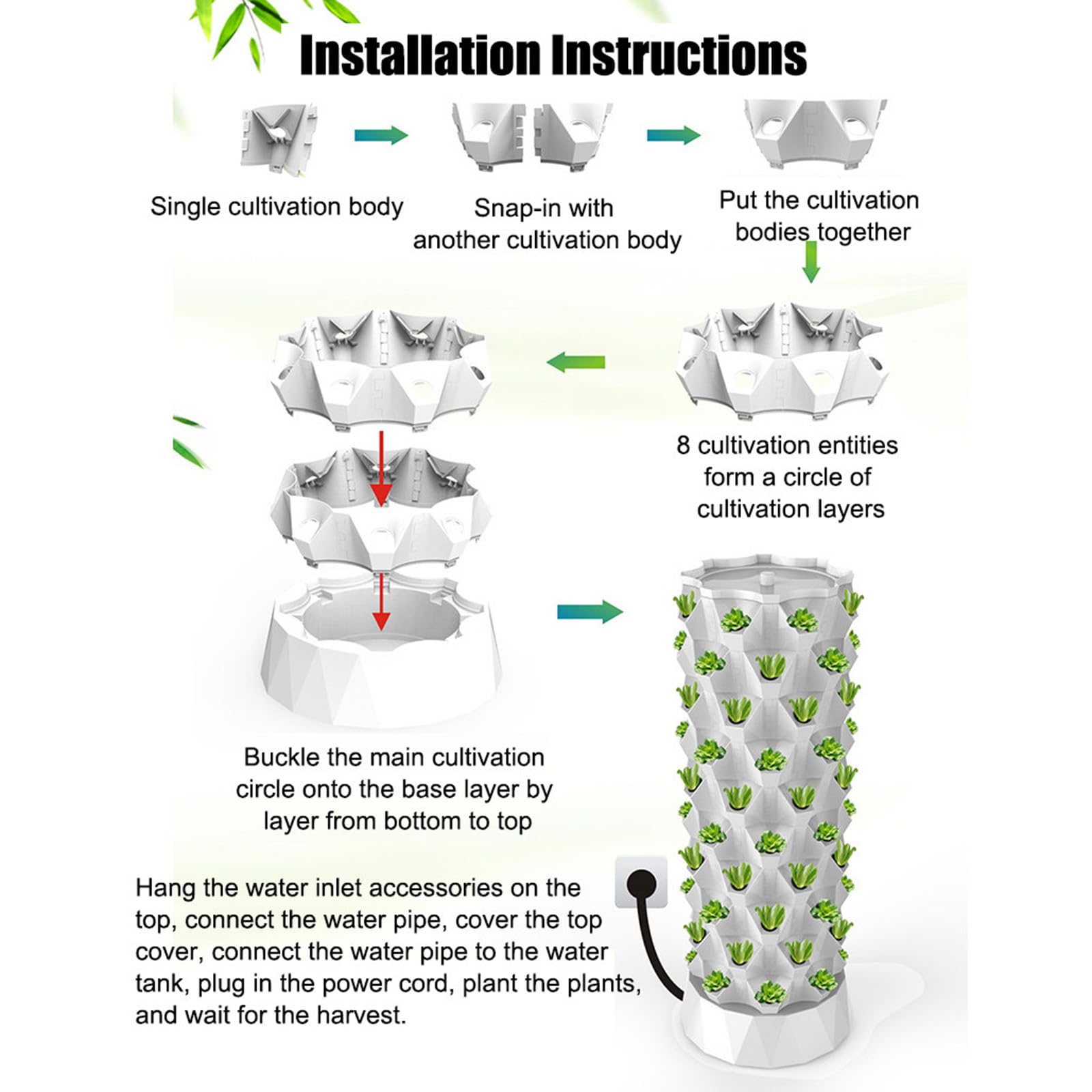 Sistemas di coltivazione idroponicas a torre, attrezzatura fai-da-te per agricoltura idroponicas aeroponica per erbe aromatiche, frutta e verdura da interno con pompa di idratazione Green-80holes