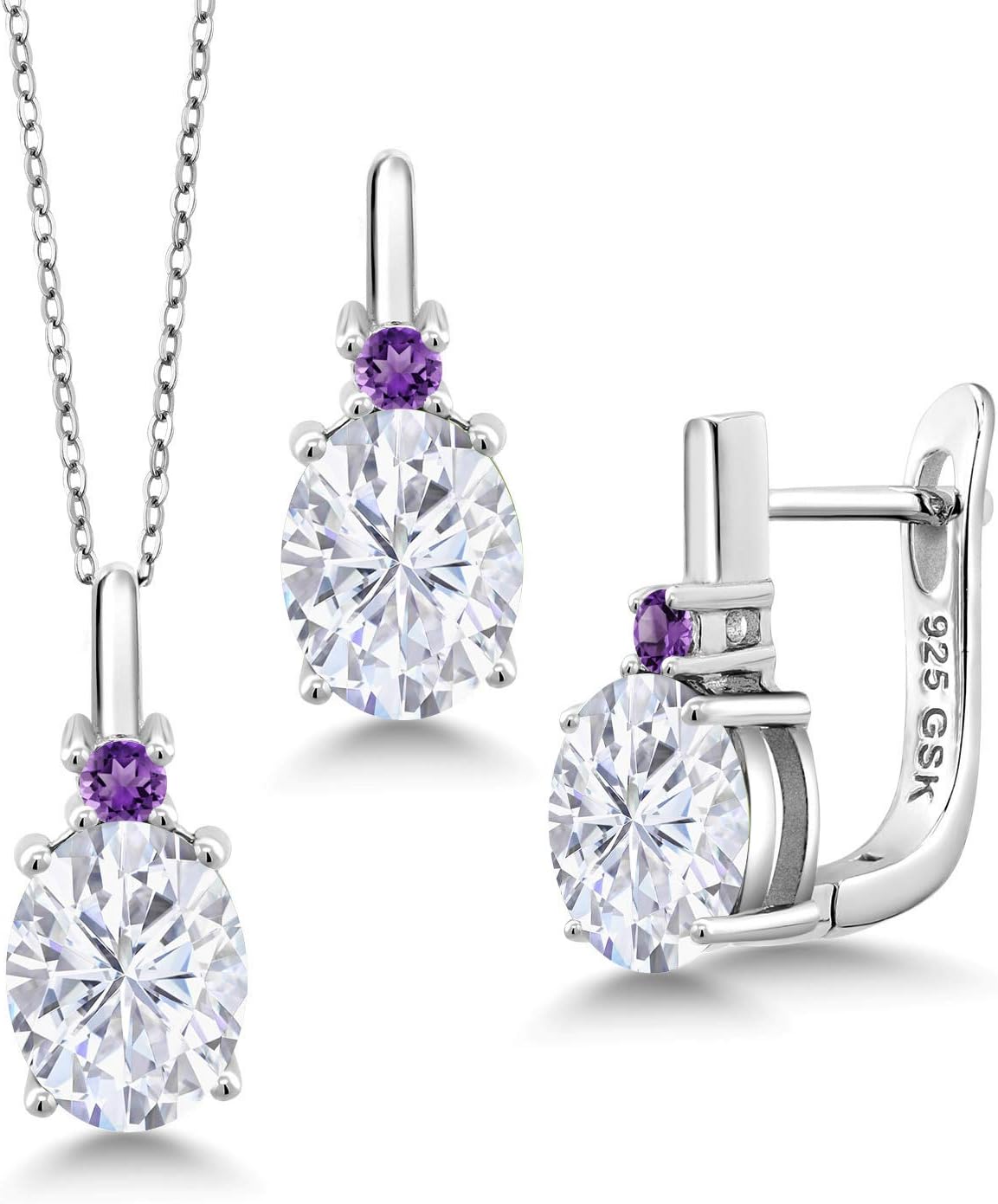 Gem Stone King Gemstone Birthstone and Purple Amethyst Pendant and Earrings Jewelry Set for Women | 925 Sterling Silver | Oval 8X6MM and Round 2.5MM | Fine Jewelry Set for Her Mom Women Wife | With 18
