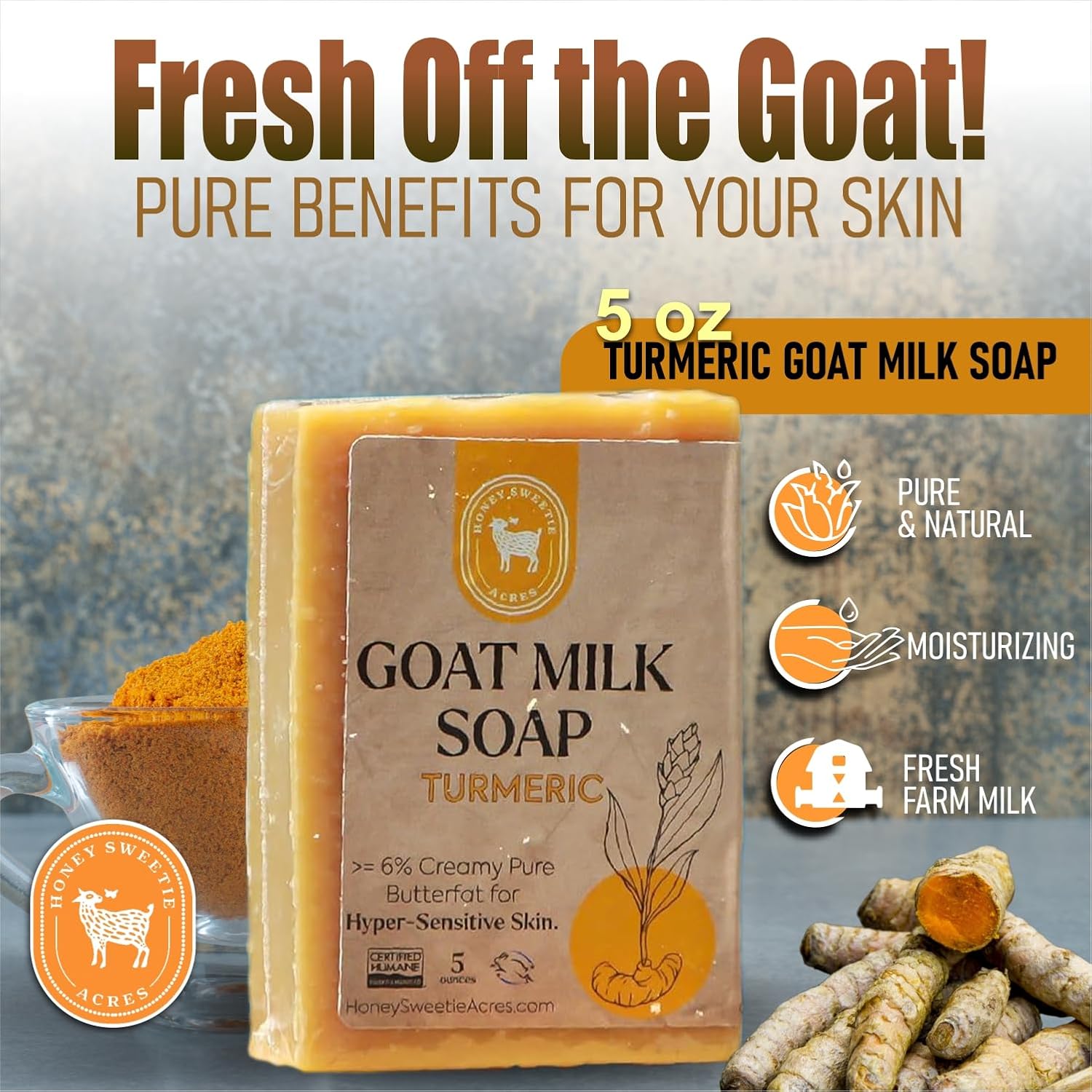 Honey Sweetie Acres Turmeric Goat Milk Soap – Handmade 5 oz Bar, Made with Natural Ingredients, Moisturizing & Gentle, Made in the USA