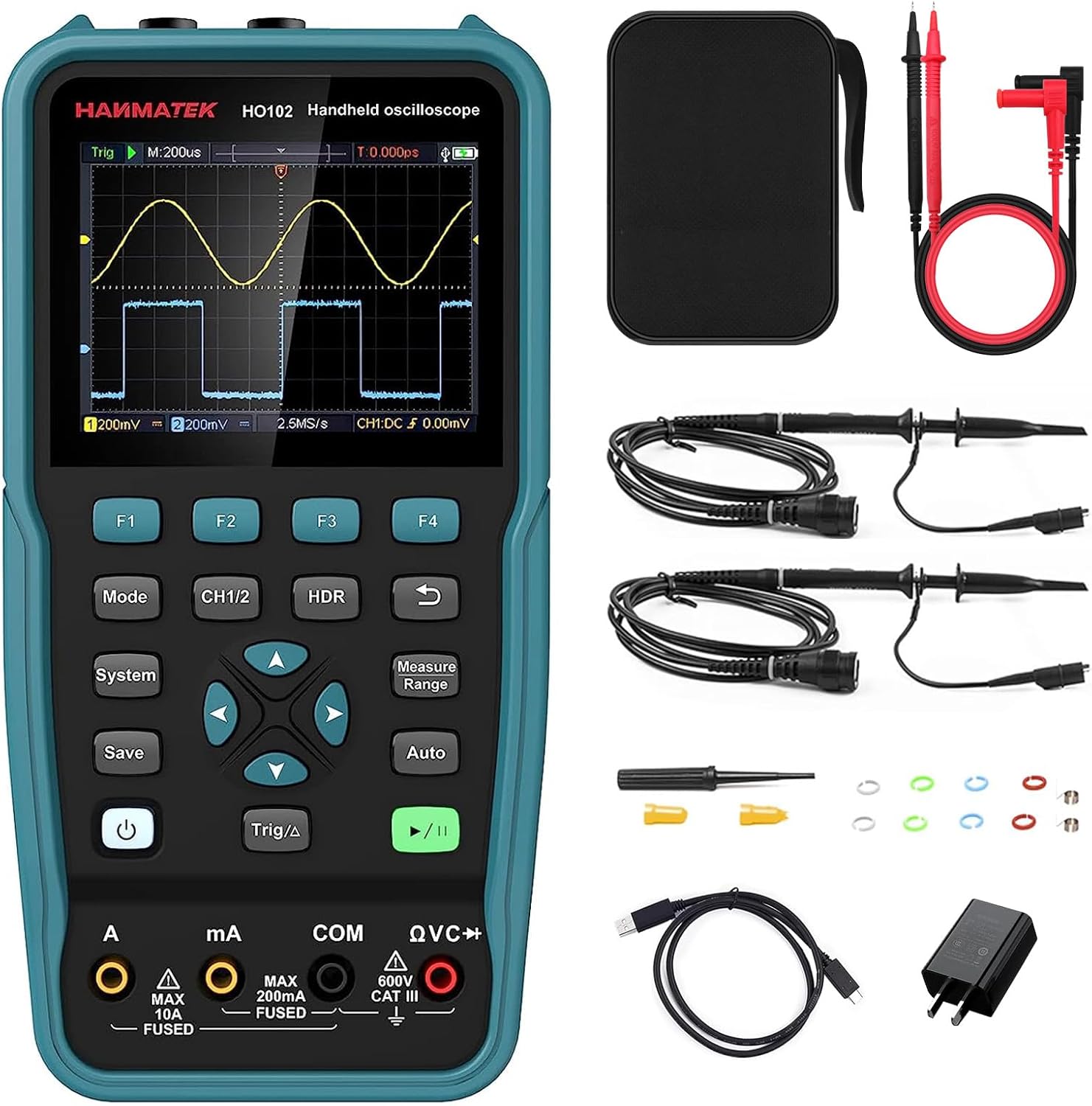 HANMATEK Handheld Digital Oscilloscope 100Mhz Bandwidth with 2 Channels HO102 3.5"TFT Mini Oscilloscope, 2 in 1 Oscilloscope and Multimeter, Backlit Screen, Auto-Calibration Function, Memory Function
