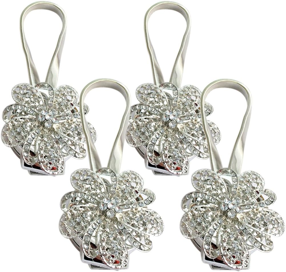 Sumnacon® 4 Packs Crystal Curtain Magnetic Tieback Flower Curtain Clips Buckle with Stretchy Wire Rope for Home Office Decoration (4 Pcs Silver)
