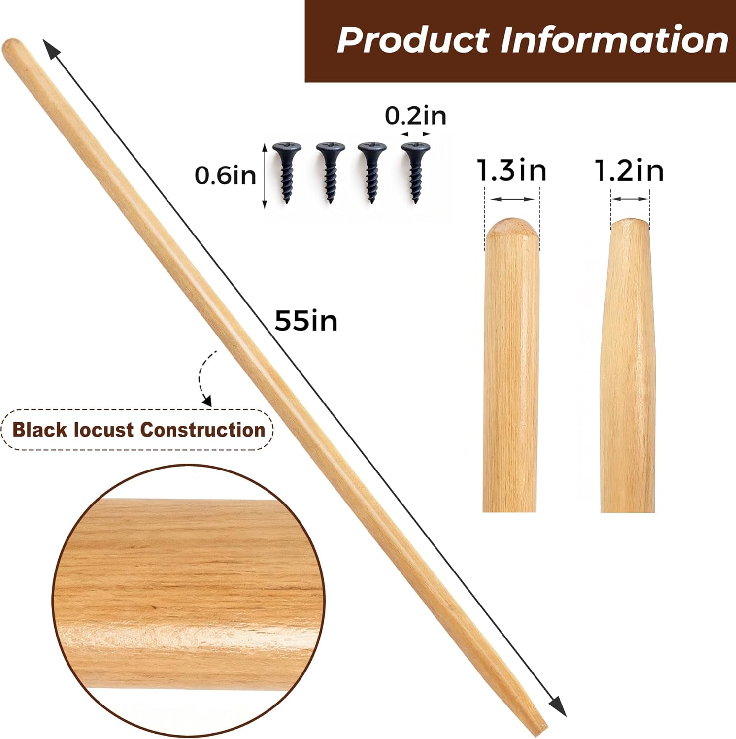 55 Inch Black Locust Shovel Handle Replacement - Extra Long Hardwood Handle for Shovel, Rake, Hoe, Pitch Fork, Digging Fork & Broad Fork Garden Tools（1pcs