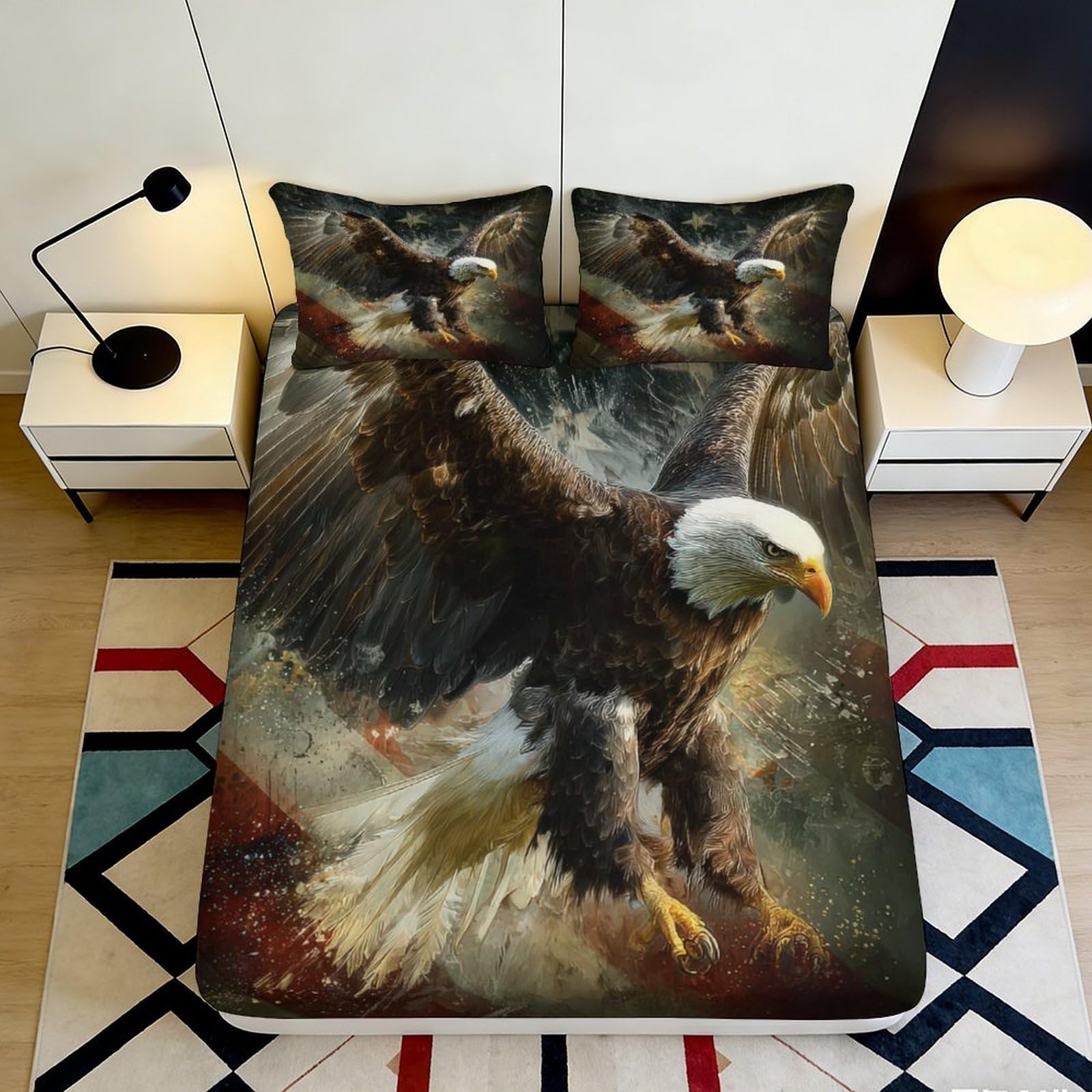 3D Printed Majestic Eagle Fitted Sheet Microfiber Soft Breathable Wild Bird Bed Cover for Bedroom Dorm Decor 90x200x25cm