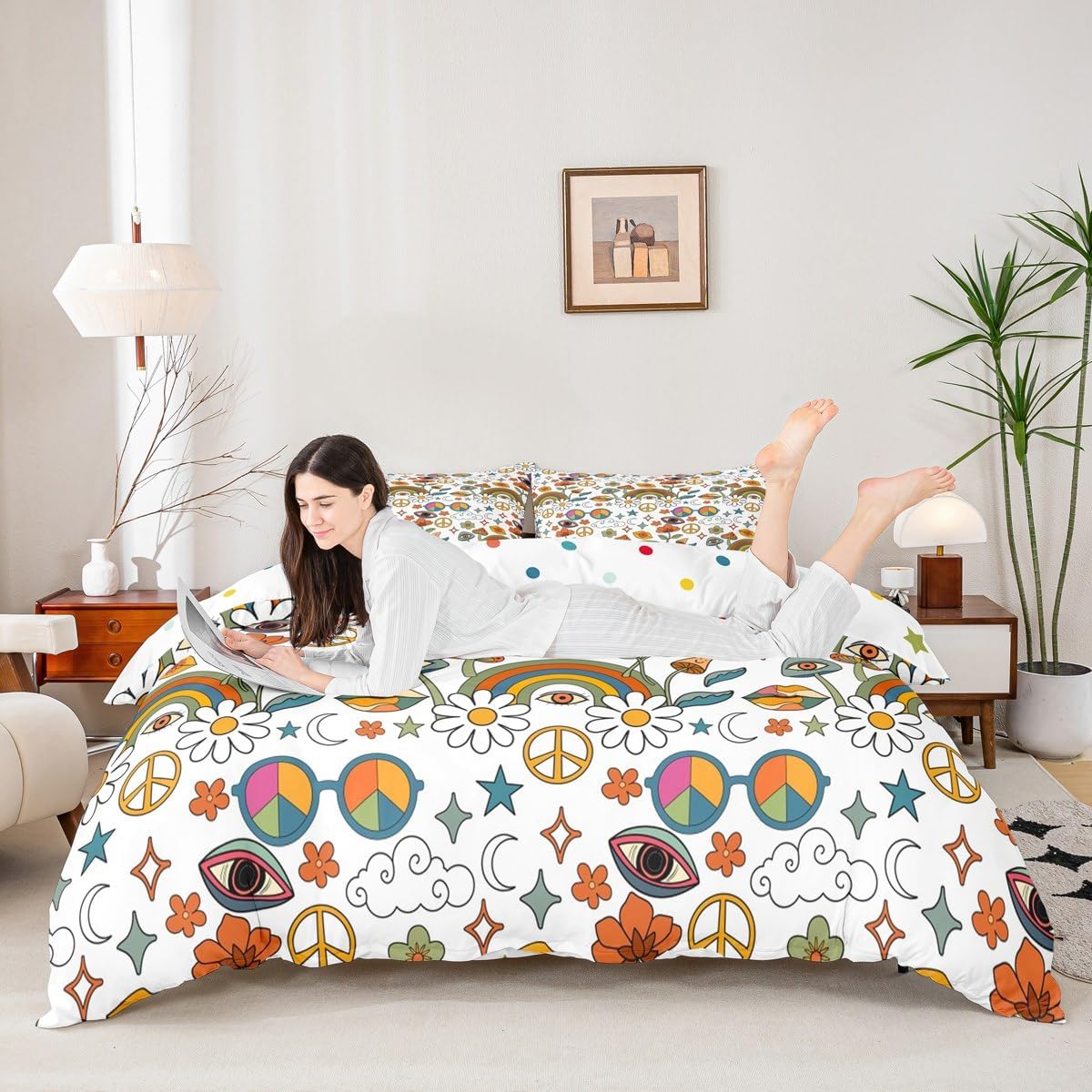 Castle Fairy Rainbow Duvet Cover Set Toddler Size,Retro Daisy Hippie Flower Bedding Set,Galaxy Stars Moon Quilt Cover for Kids,Comforter Cover(No Filler),2 Pcs