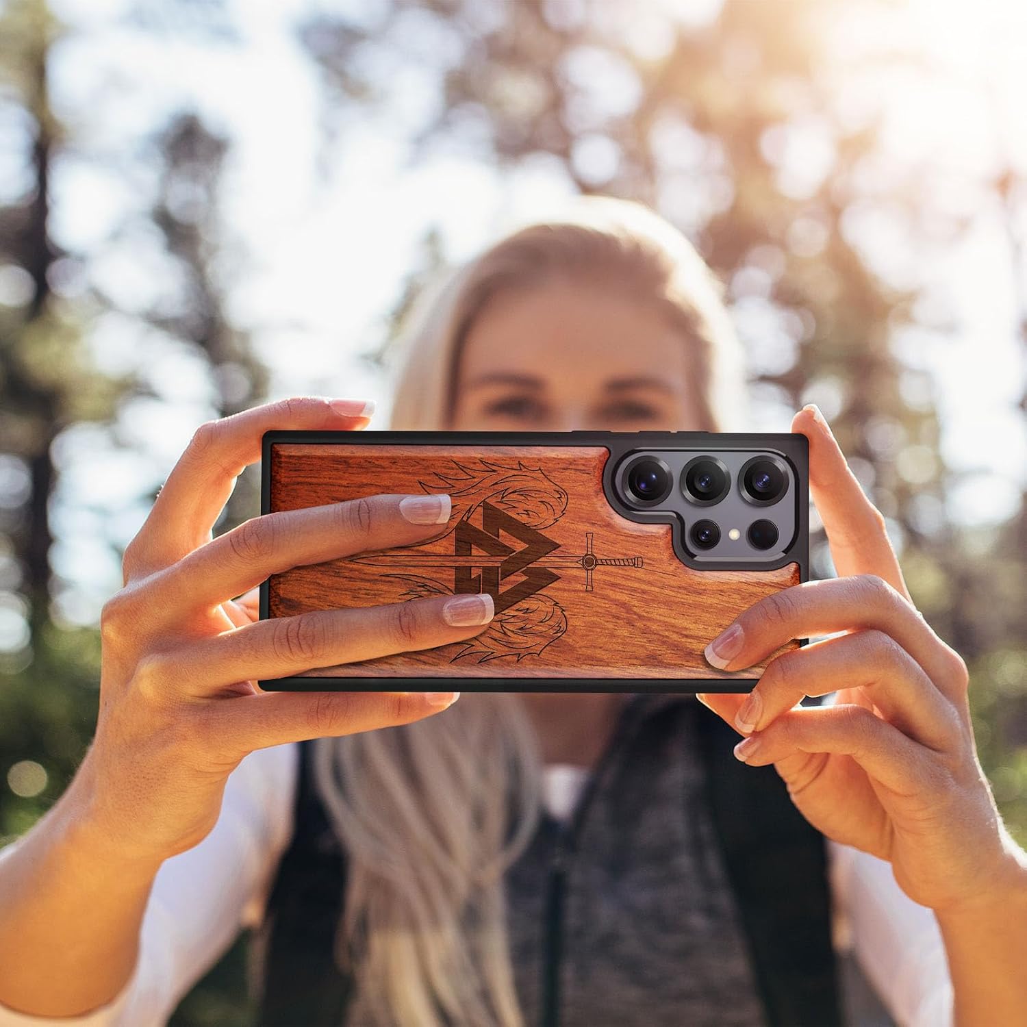 Carveit Magnetic Wooden Case for Samsung Galaxy S25 Ultra Case 2025, TPU Shockproof Cover & Wood Artisan Engraved, Compatible with MagSafe Wireless Chargers (Valknut and Sword) Rosy