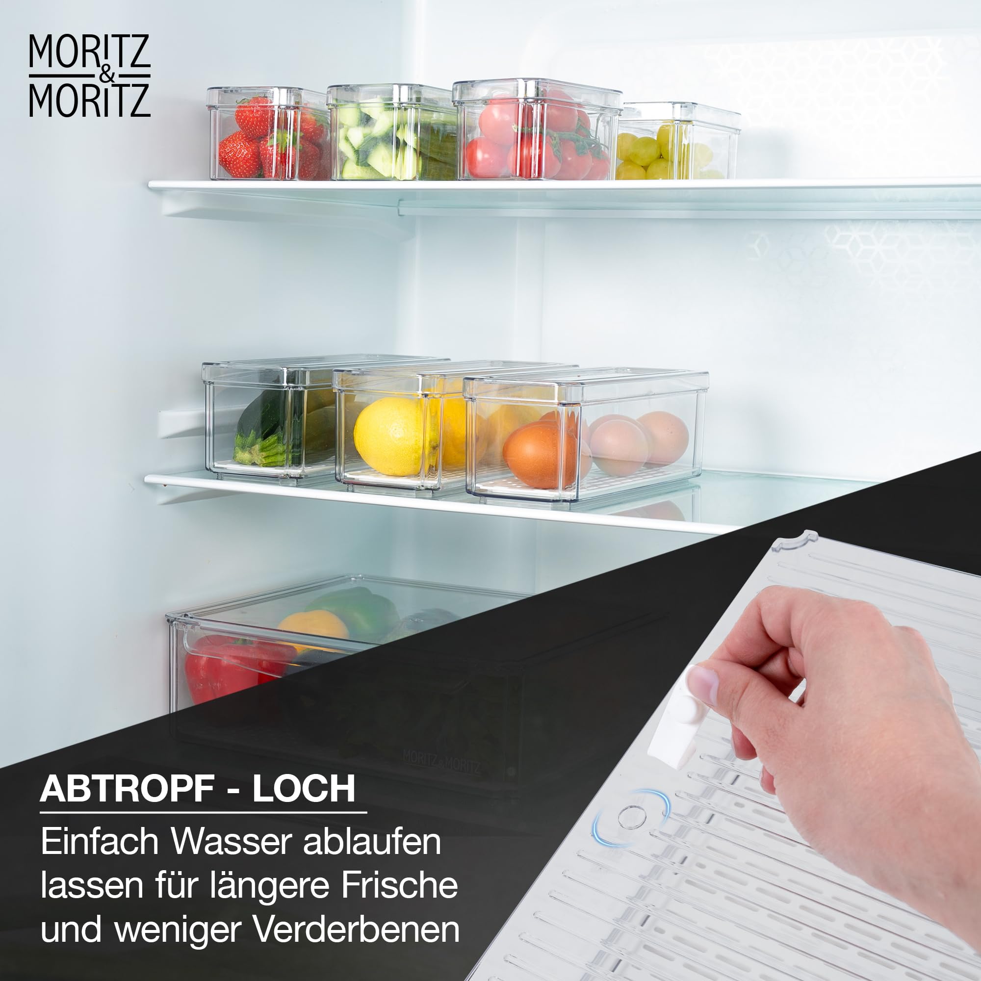 Moritz & Moritz 10er Pack Kühlschrank Organizer Set mit Deckel - Kühlschrank Boxen Stapelbar - Kühlschrankboxen Transparent - Robust - Aufbewahrungsboxen für Küche Vorratsschrank Schublade