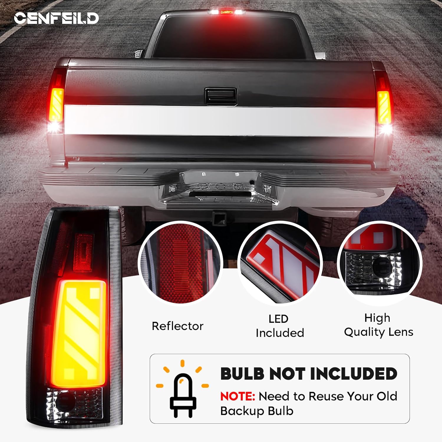 LED Tail Light + 3rd Third Brake Cargo Lamp Fit for Chevy & GMC C/K 1500 88-99, C/K 2500 3500 88-00, for Chevy Silverado 94-98, Blazer 92-94 Clear Lens Rear Taillights Assembly