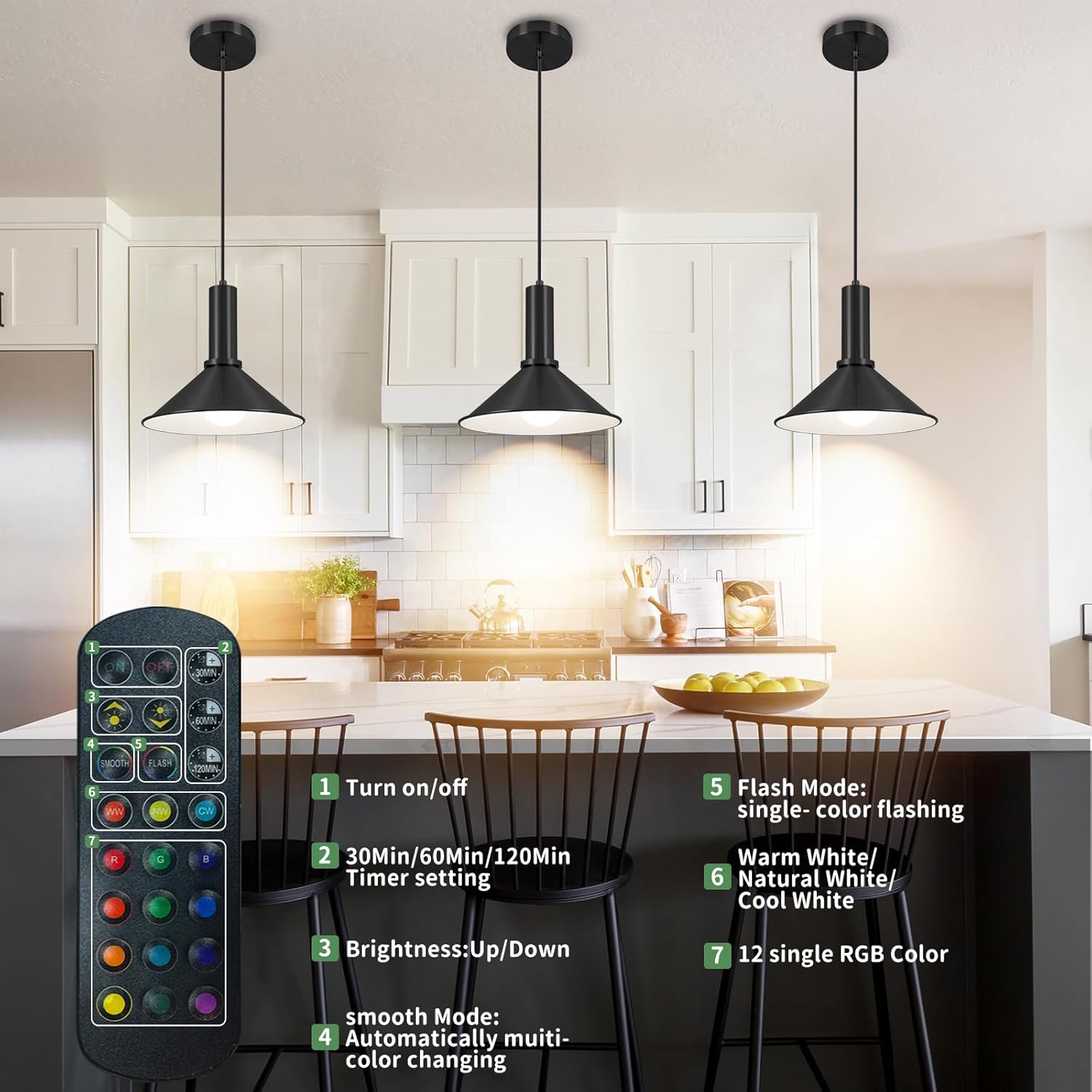 2 Pack Battery Operated Pendant Lights,Rechargeable Pendant Light with Remote,Black Pendant Light Fixtures for Kitchen island,Modern Industrial hanging Lights for Dining Room Hallway Entryway Bedroom