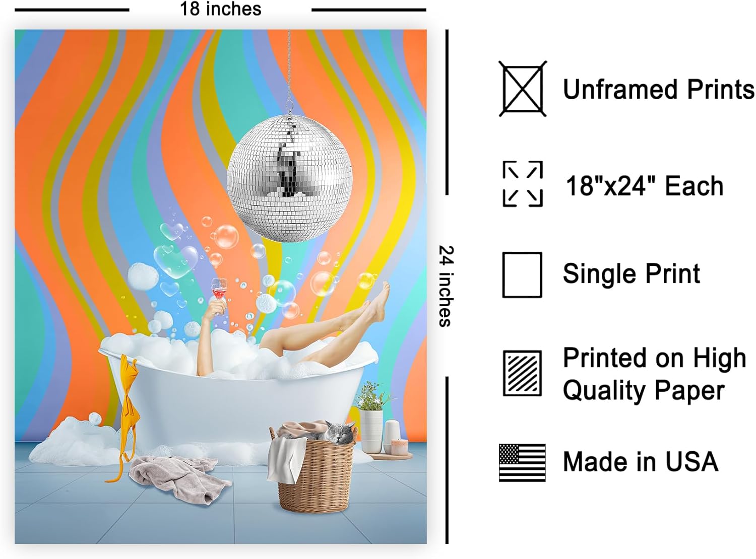 Poster Master Drinking In The Bath Tub Poster - Retro Disco Ball Print - Pop Art - Girly Design - Modern Artwork - Trendy Illustration - Great Bathroom or Bedroom Wall Decor - 18x24 UNFRAMED