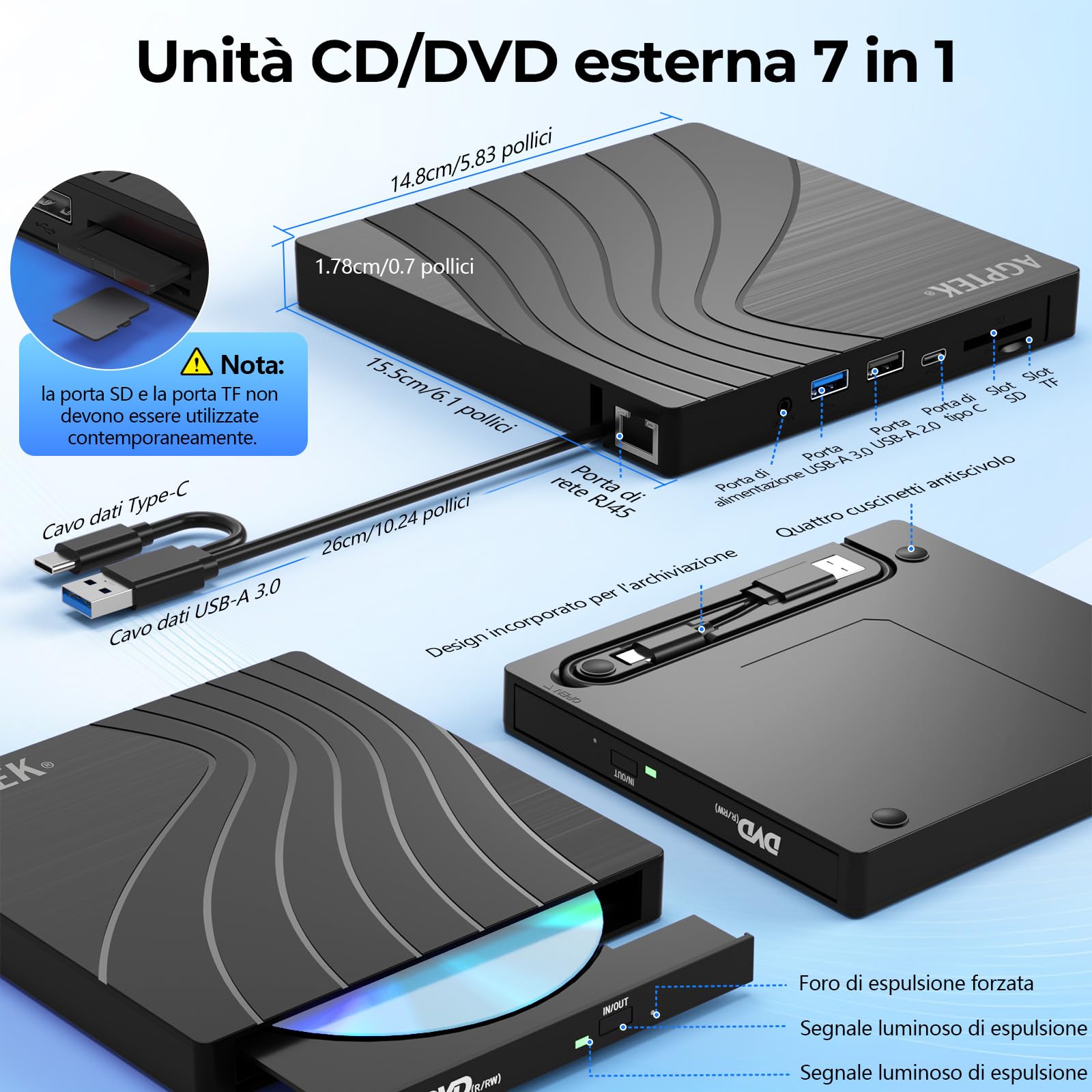 AGPTEK Unità CD/DVD esterna per laptop, lettore/scrittore CD/DVD per laptop, masterizzatore DVD sottile USB 3.0 con adattatore porte USB e slot per schede TF/SD, PC, MacBook, Windows, Linux, Mac OS