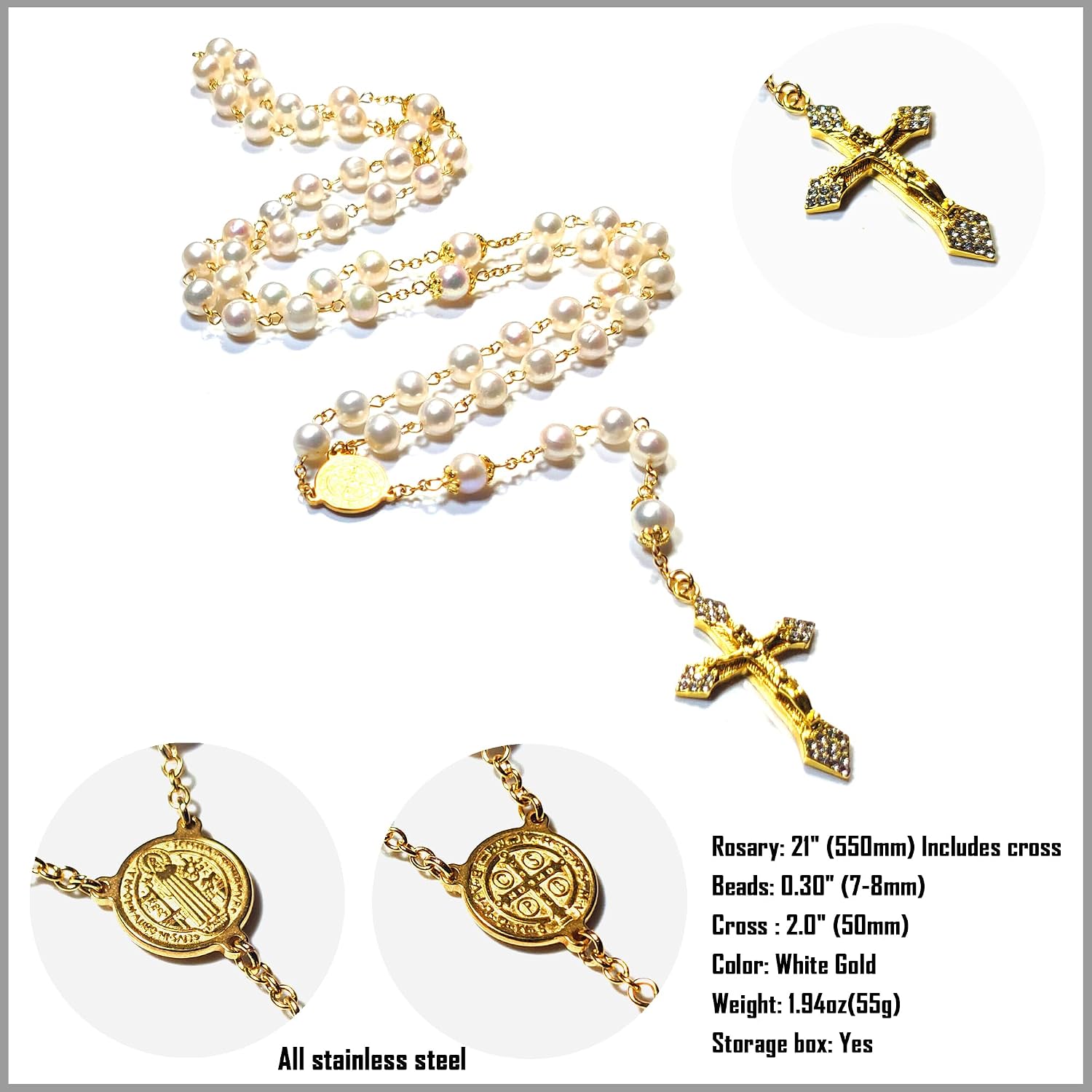 Rosary Beads Chaplet White Natural Pearl Rosery Cross Catholic gifts