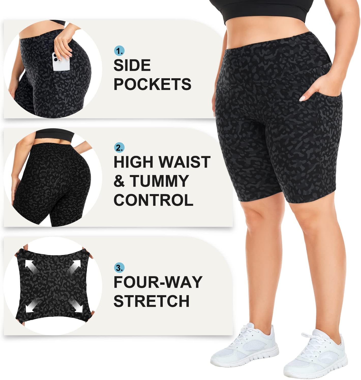 MOREFEEL Plus Size 8" Biker Shorts with Pockets for Women – High Waisted Tummy Control Black Yoga Shorts (XL-4XL) - Image 5