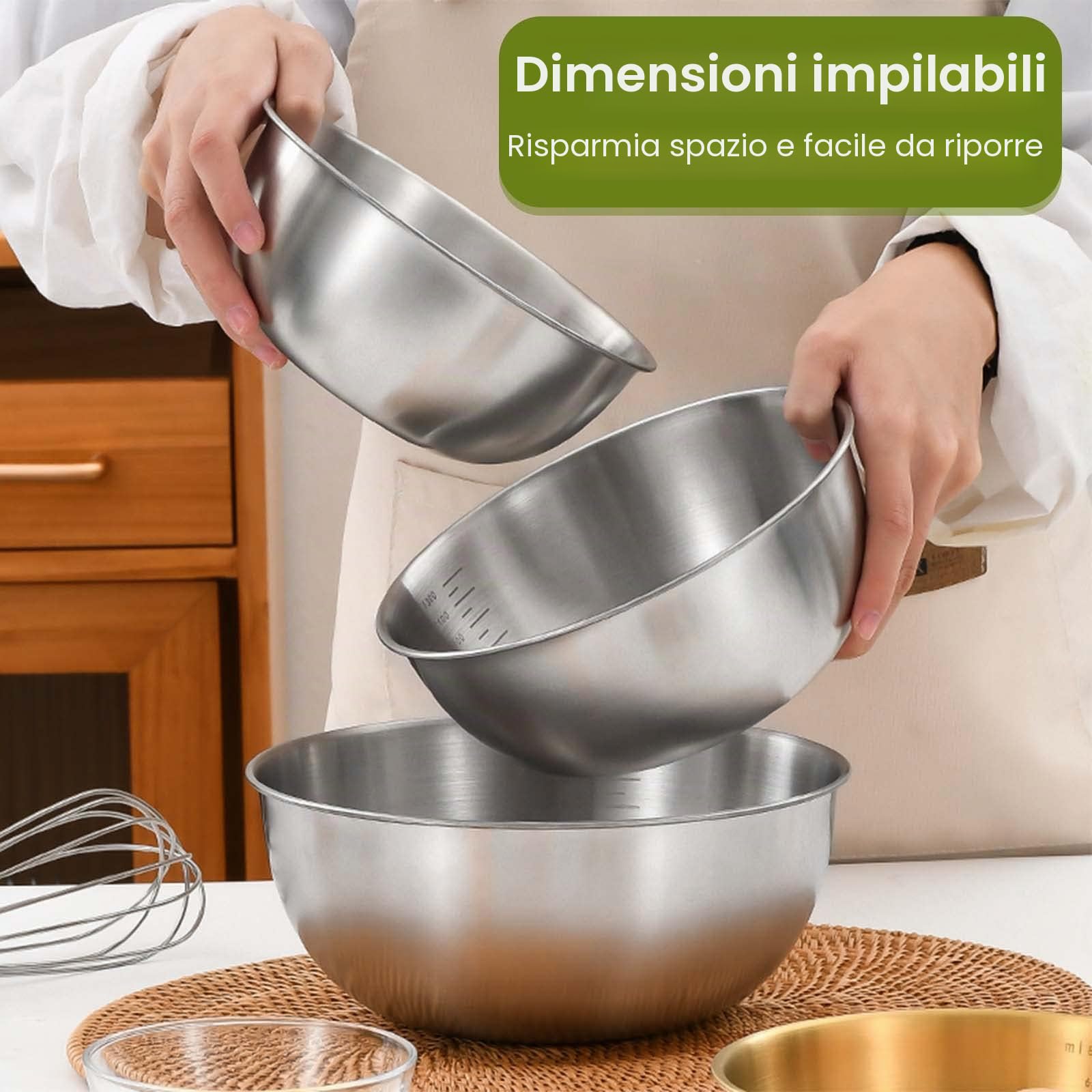Set di 4 Ciotole Acciaio Inox Cucina con 4 Dimensioni (0,7 l/ 1,2 l/ 1,8 l/ 2,5l) Impilabili e Lavabili in Lavastoviglie