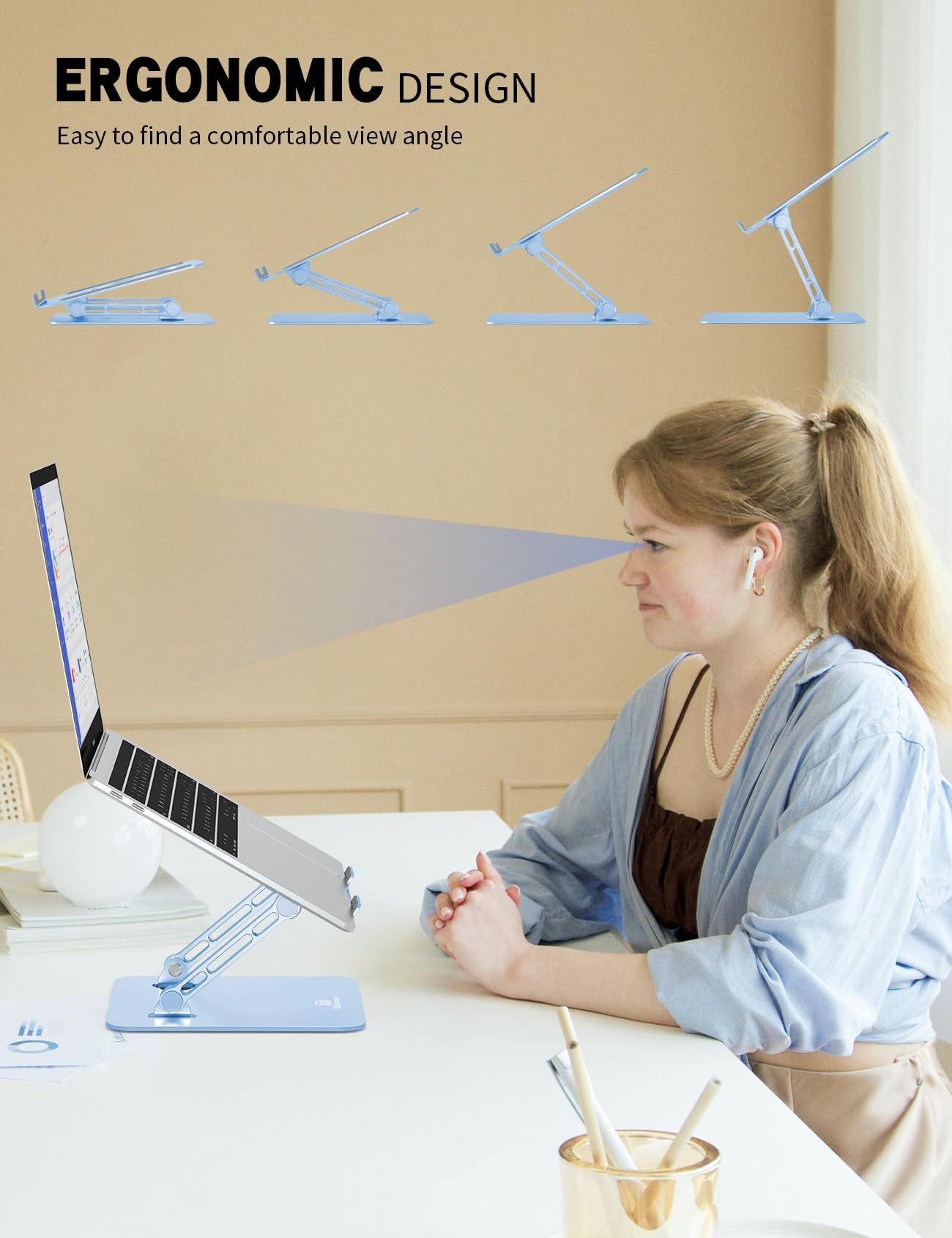 Soporte ajustable para computadora portátil, ergonómico, plegable y portátil, para disipador de calor, se adapta a portátiles de hasta 15.6 pulgadas (azul diamante)
