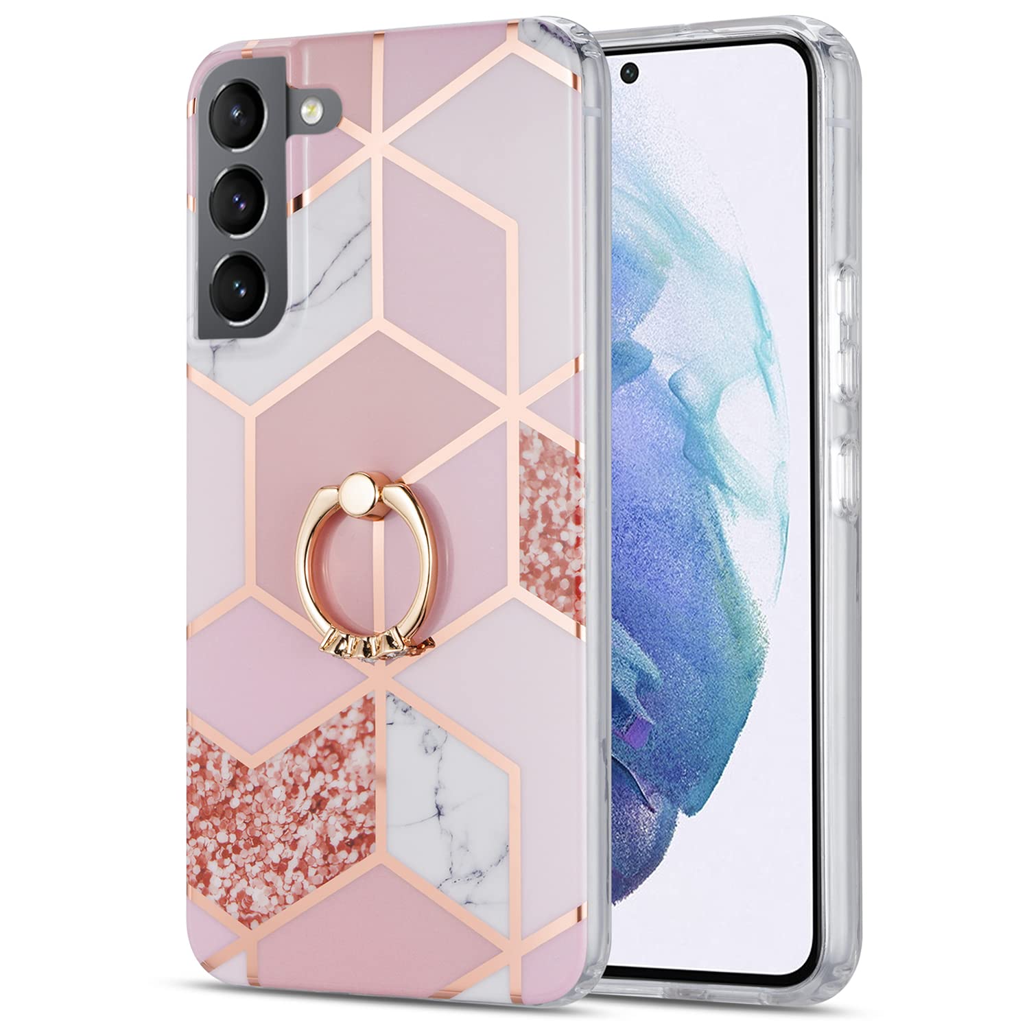 MANLENO for Samsung Galaxy S22 Plus Case with Ring Kickstand Glitter Marble Slim Protective Phone Case Soft TPU Rubber Silicone Cover Bumper for Samsung Galaxy S22 Plus 5G (Rose Gold)