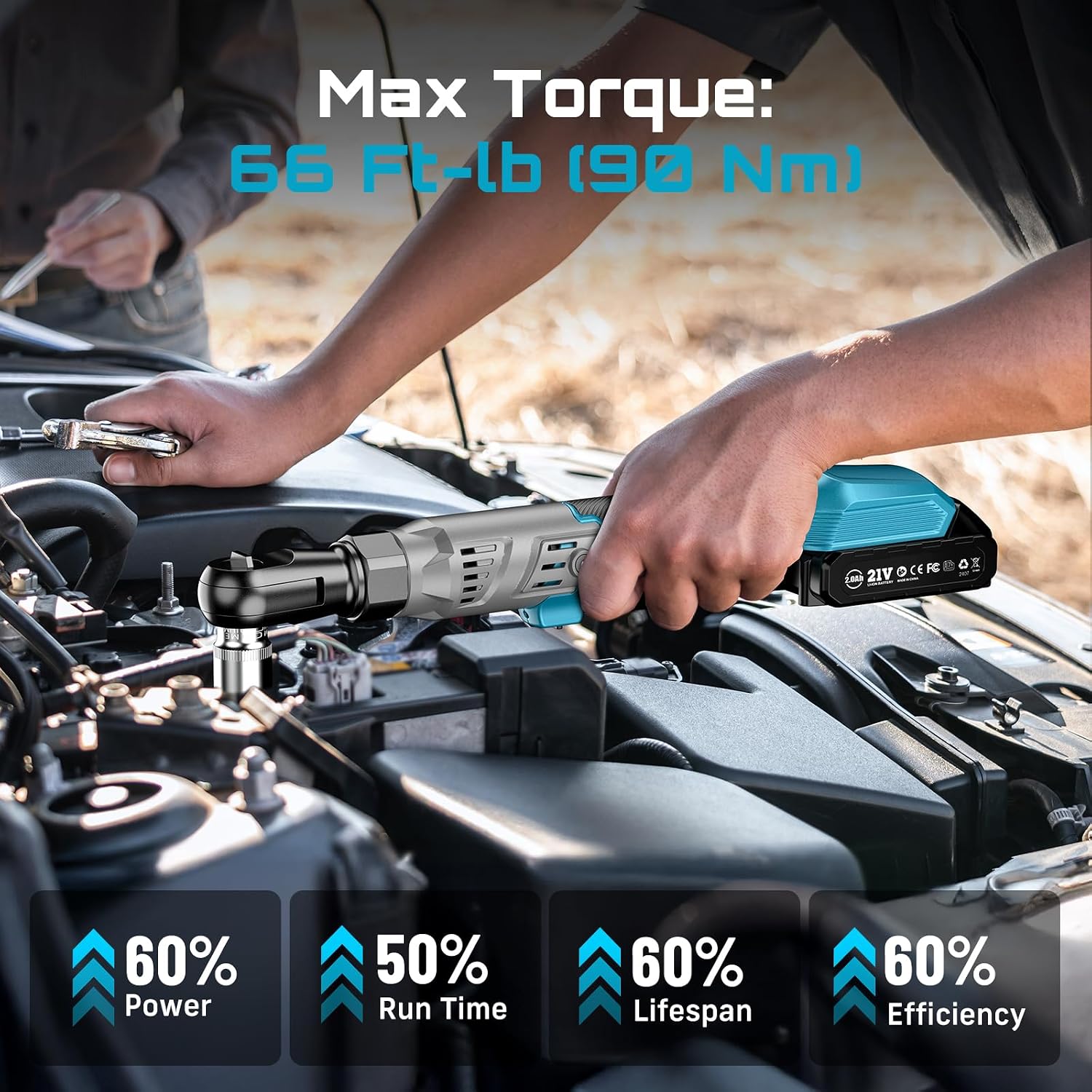 1/2" Cordless Electric Ratchet Wrench, 66Ft-lbs Battery Ratchet Wrench 21V Max, Brushless Motor, Variable Speed Trigger, 2x 2.0Ah Batteries & Charger, 8 Sockets, 1/4" & 3/8" Adapter, 3" Extension Bar