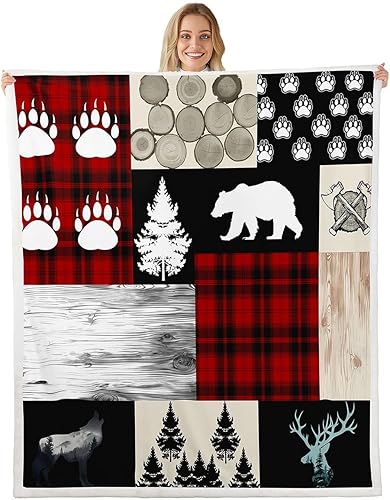 Camper Adventure - Manta de retazos a cuadros rojos con patas de ciervo, para sofá, manta rústica de granja para niños, manta de forro polar suave y