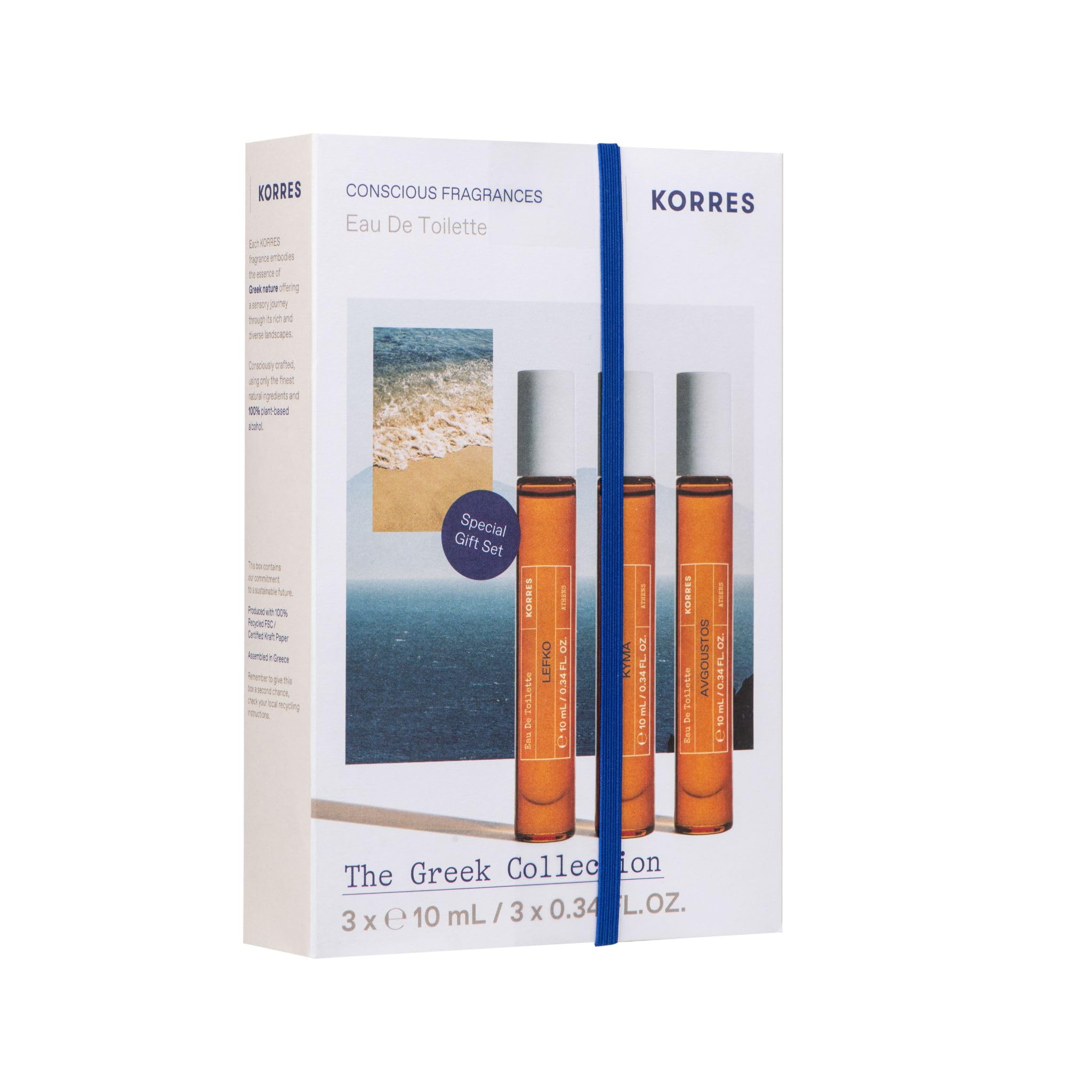 KORRES Greek Scents EDT Reiseset Unisex – 3x 10 ml Duftphiolen mit Roll-On, Avgoustos, Kyma & Lefko, ideal zum Kennenlernen, Verschenken und für unterwegs, vegan