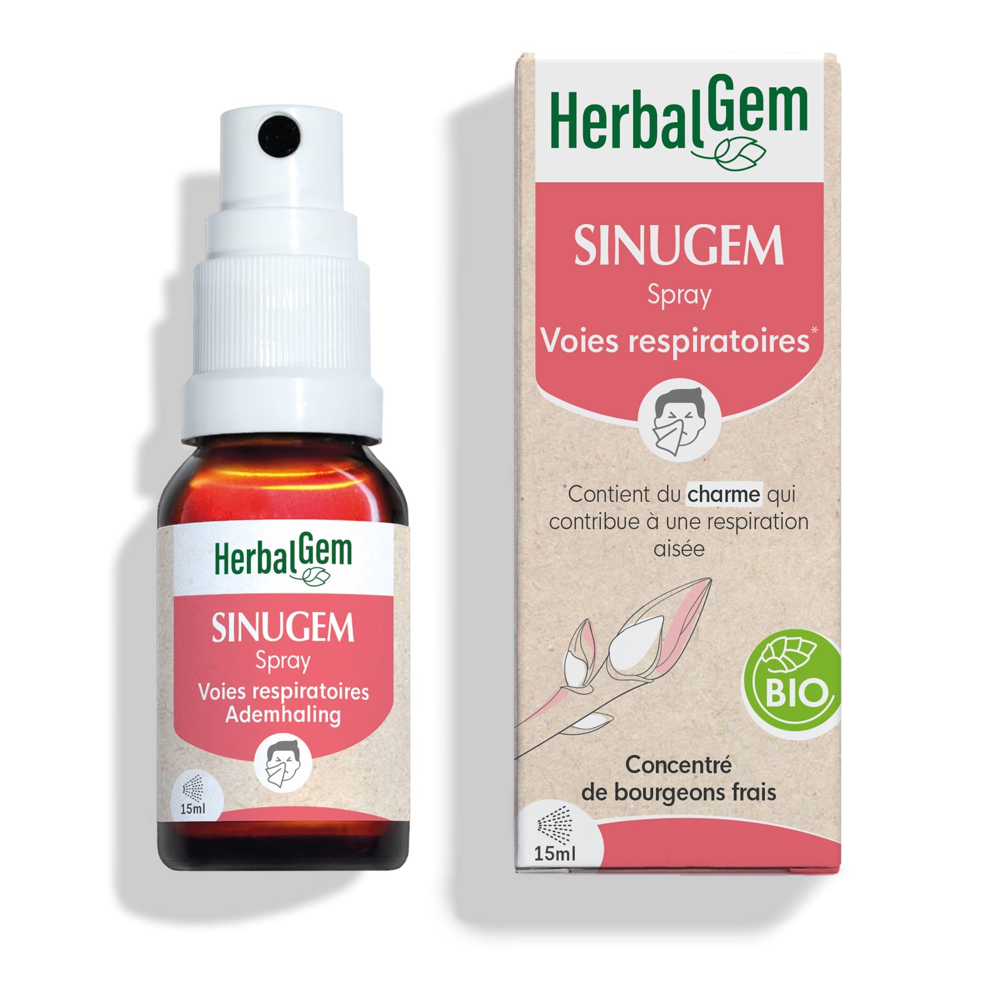 HerbalGem Sinugem Spray Bio Aulne et Rosier sauvage Complexe voies respiratoires Respirez plus librement par le nez 10 ml