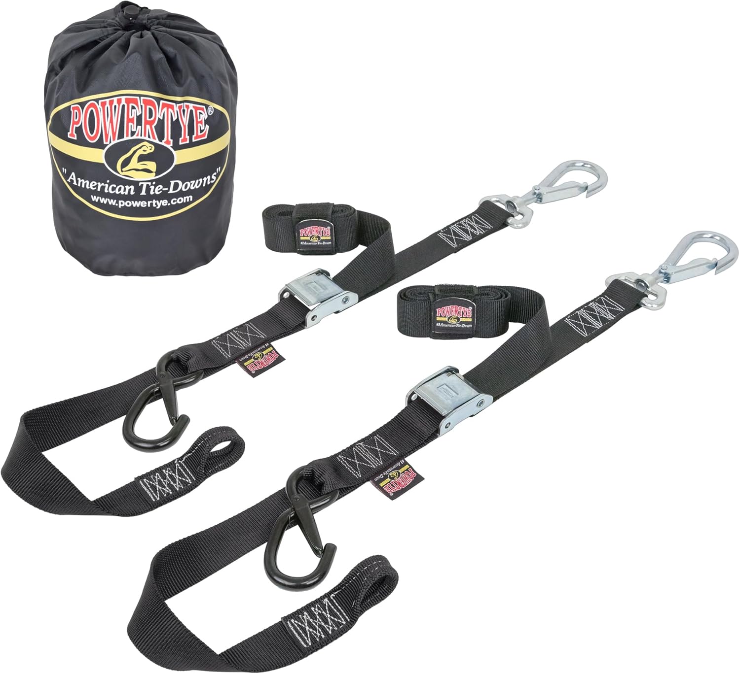 PowerTye 1.5 inch x 6 ft Deluxe Soft-Tye Tie-Down Straps with Swivel Latch Hook & Storage Bag, Black/Black (Pair)