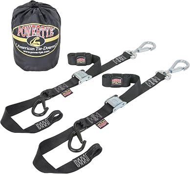 PowerTye 1.5 inch x 6 ft Deluxe Soft-Tye Tie-Down Straps with Swivel Latch Hook & Storage Bag, Black/Black Pair