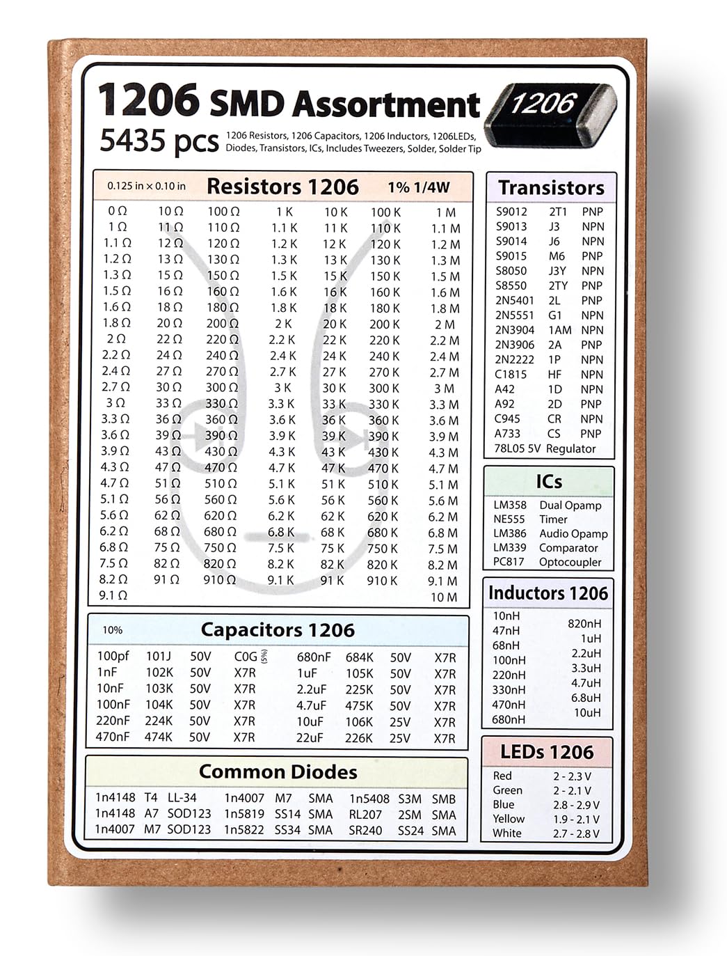 SMD SMT 1206 Assortimento di componenti elettronici libro, resistenza, condensatore, diodo, transistor, IC, opamp, saldatura, 5435 pezzi