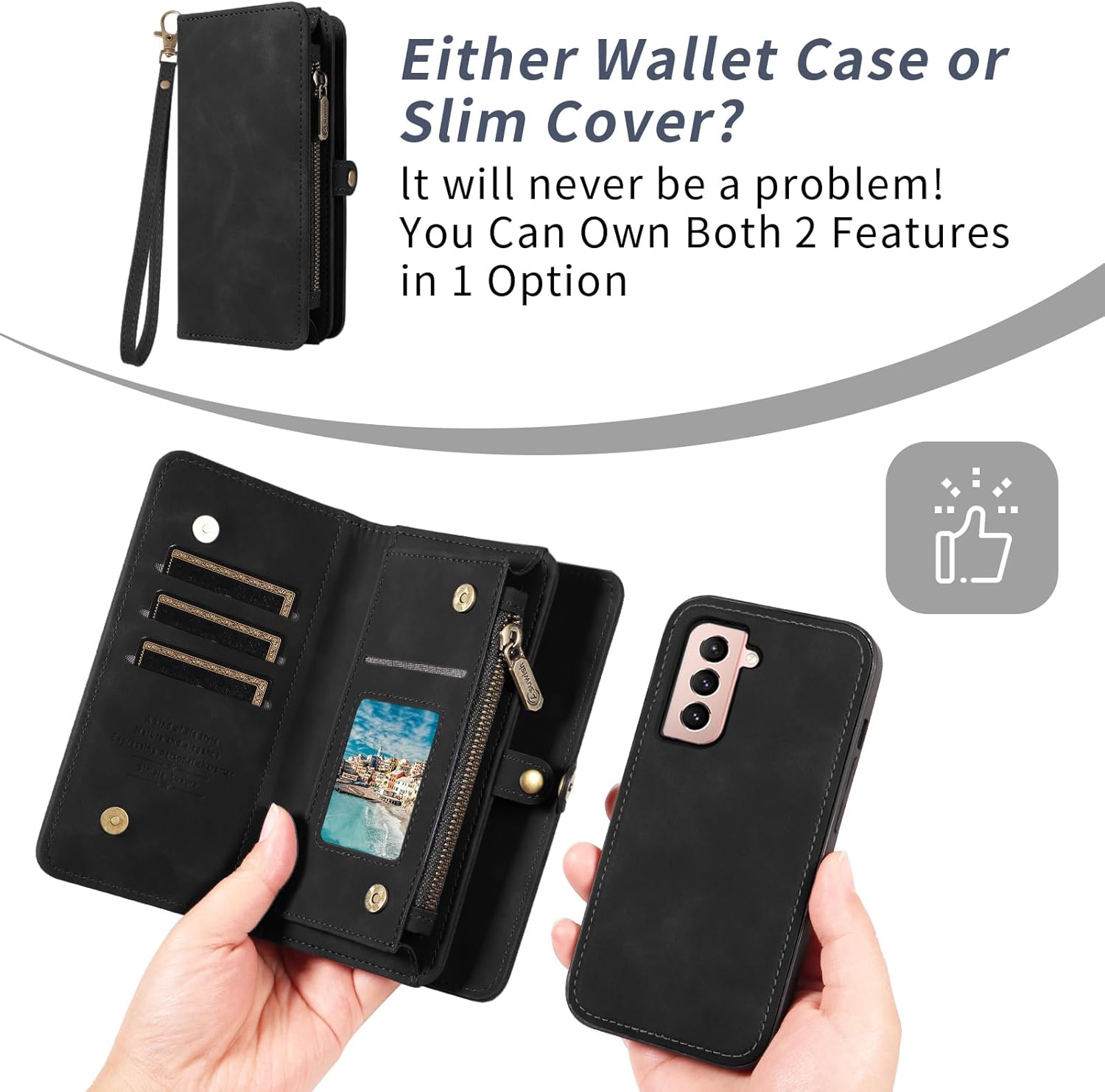 Asuwish Phone Case for Samsung Galaxy S21 5G 6.2 inch Zipper Wallet Detachable Cell Cover with Tempered Glass Screen Protector Crossbody Lanyard Strap Flip Card Holder S 21 21S G5 Women Girls Black