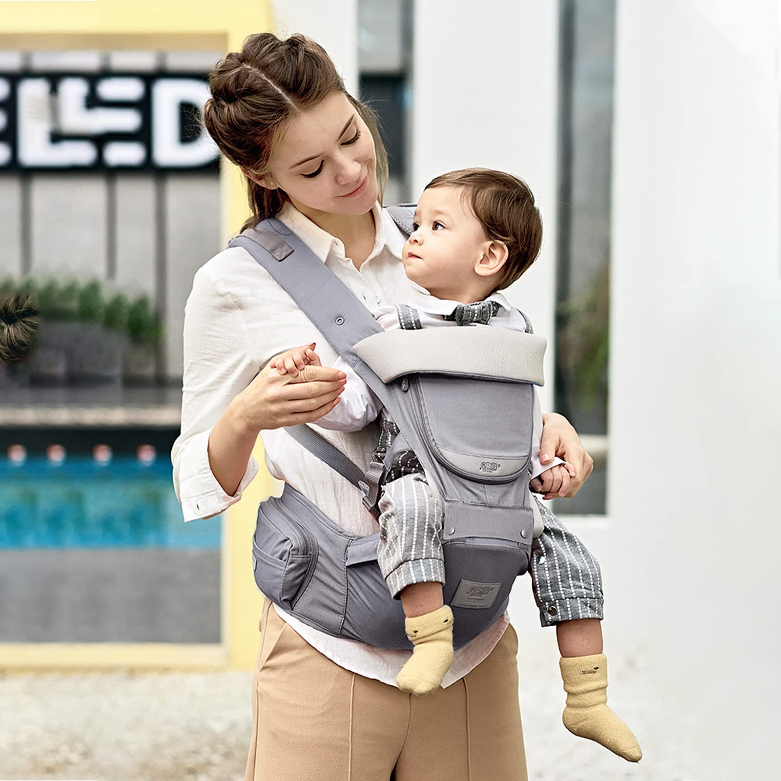 SONARIN Marsupio Neonati Multifunzione 3 in 1 con Sedile,Puro Cotone 3D Air Mesh Portantina Traspirante per Bambini 0-36 Mesi,Ergonomico,Regolabile,Tutte le Posizioni,Fino a 30 KG(Grigio Chiaro)