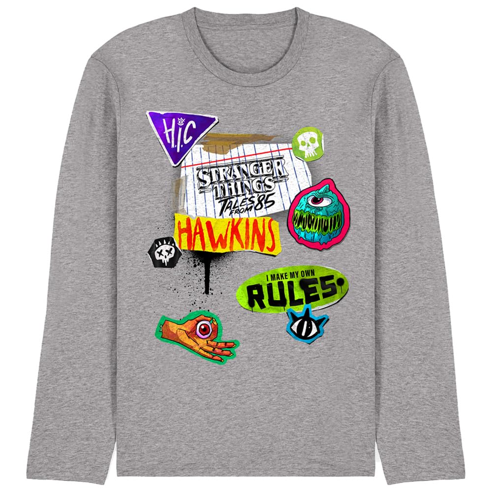 Stranger Things Tales from 85 Scrapbook Icons Unisex Long Sleeve T Shirt, Athletic Heather, Small