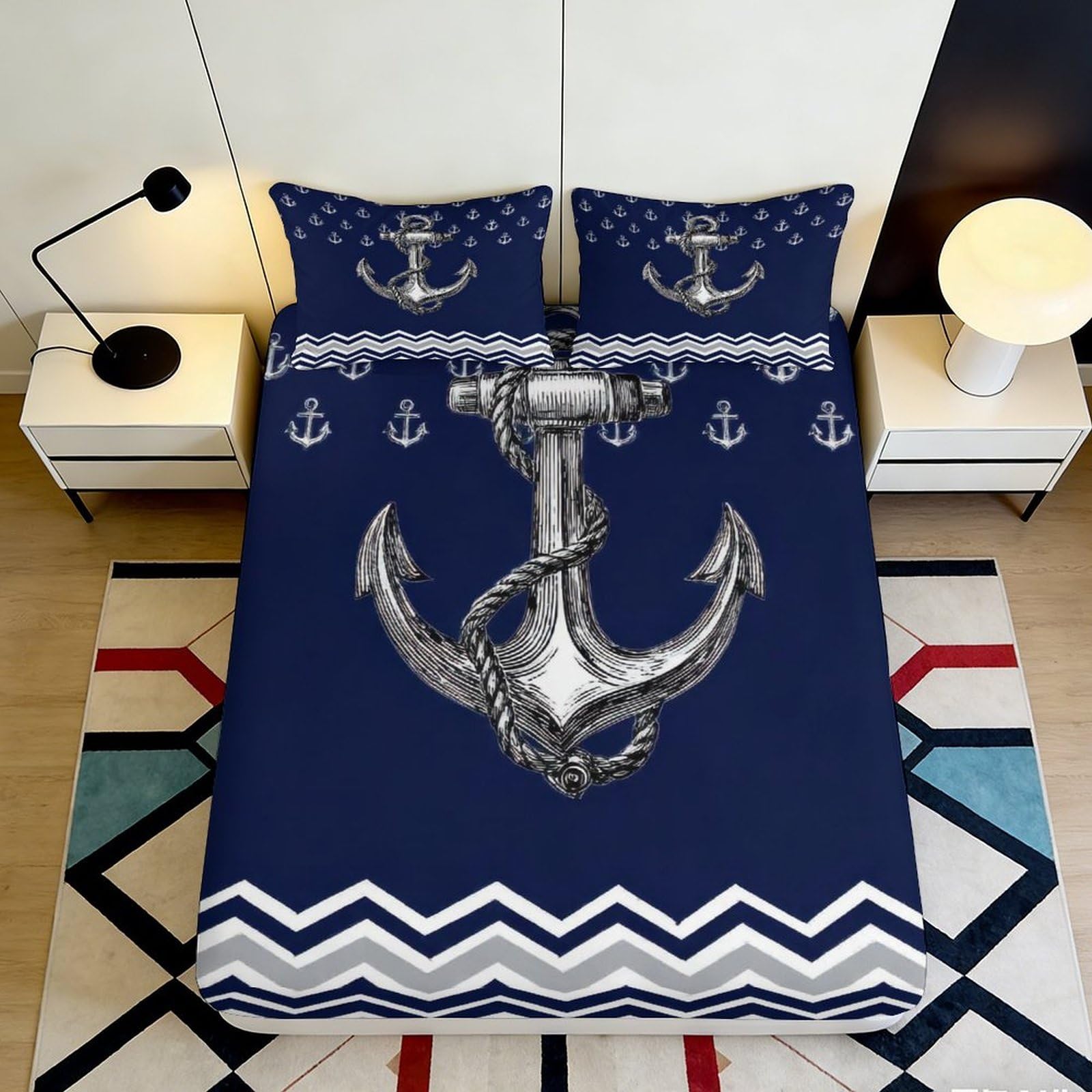 3D Printed Nautical Anchor Fitted Sheet Microfiber Navy Blue Maritime Bed Cover for Bedroom Guest Room Mattress Decor 90x200x25cm