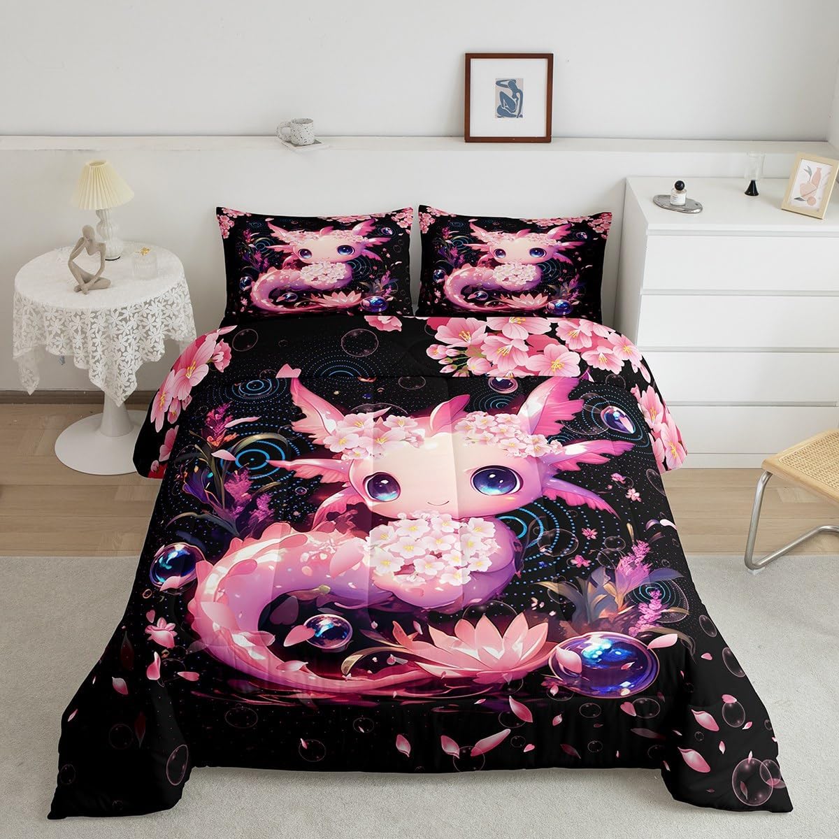 Feelyou Cute Axolotl Girls Bedding Set Twin Size Cartoon Salamander Duvet Cover for Kids Teens Black Pink Comforter Cover Set Pretty Bubble Bedspread Cover 2Pcs