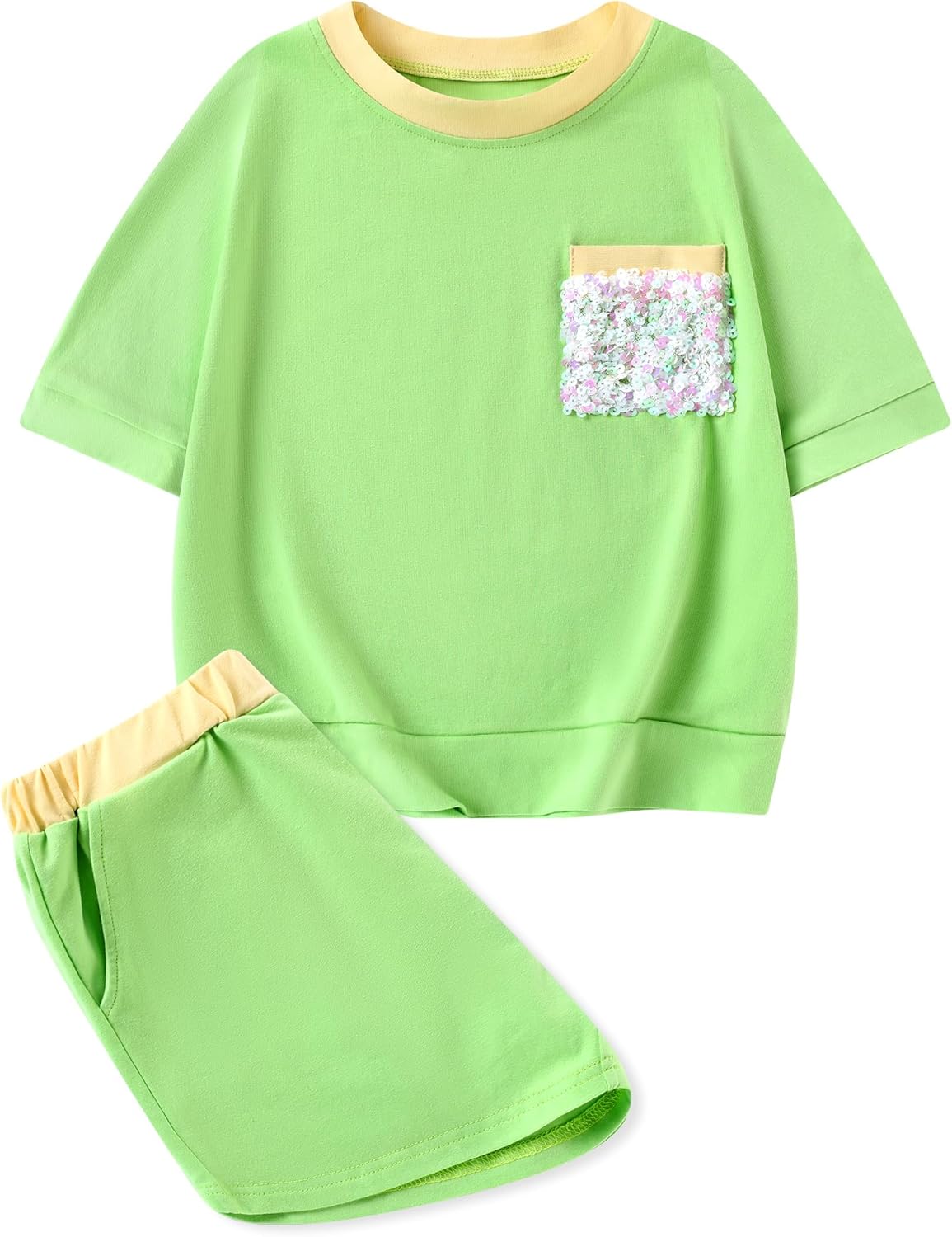 Girls' Summer Shorts Set 2 Piece Clothes Outfits Cute Drop Shoulder T-shirt & Short Set for 5-12 Years - Image 2