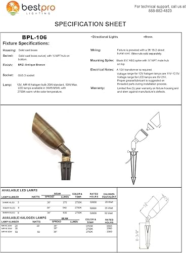 Miniatura 7 de BestPro Lighting - Luz de bala direccional de latón LED de 12 V, iluminación de paisaje de 3 W (BPL106BRZLED)