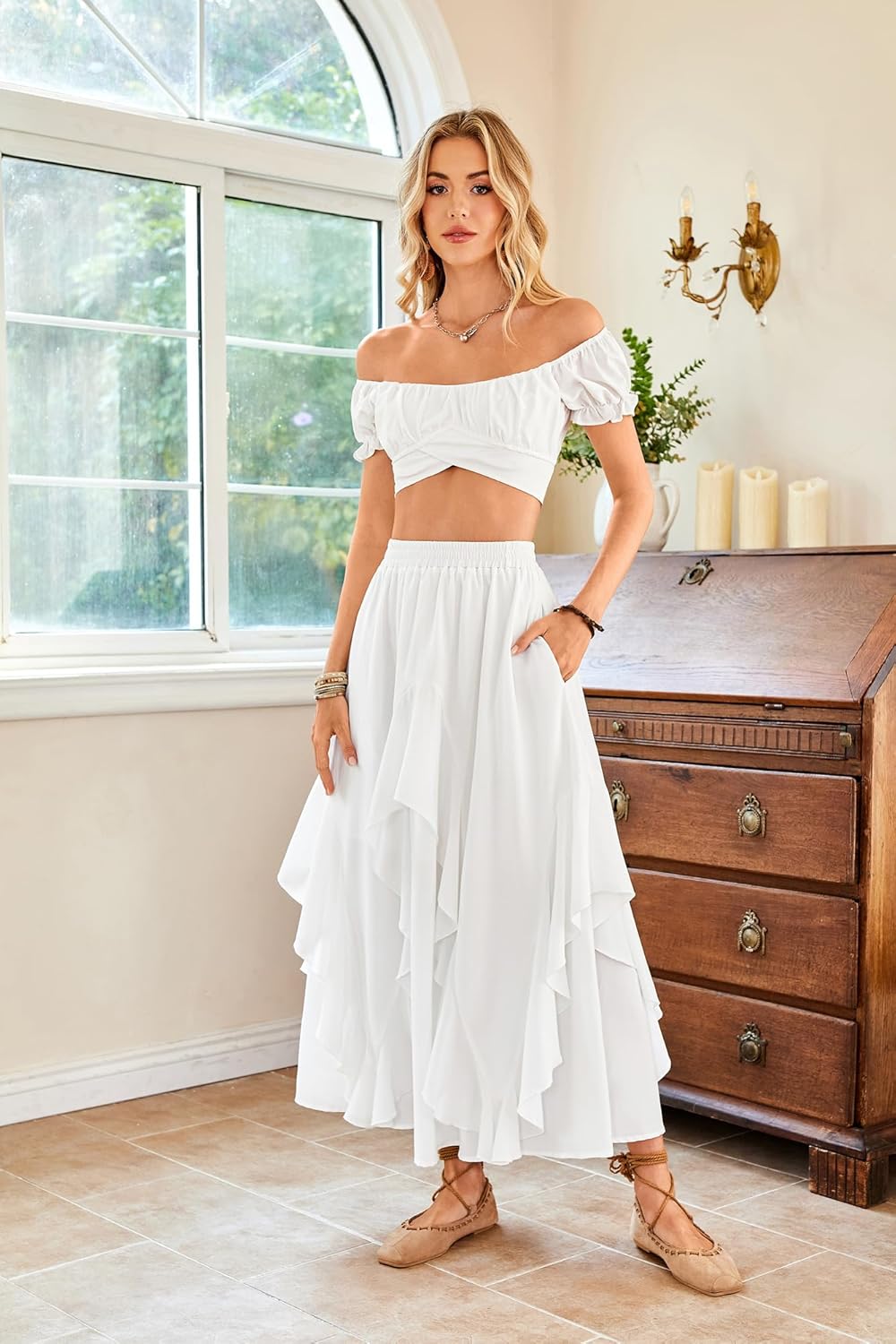 SCARLET DARKNESS Dames Maxi Rok Chiffon Elastische Taille A-lijn Lange Rok Cottagecore Swing Rokken, Wit, L