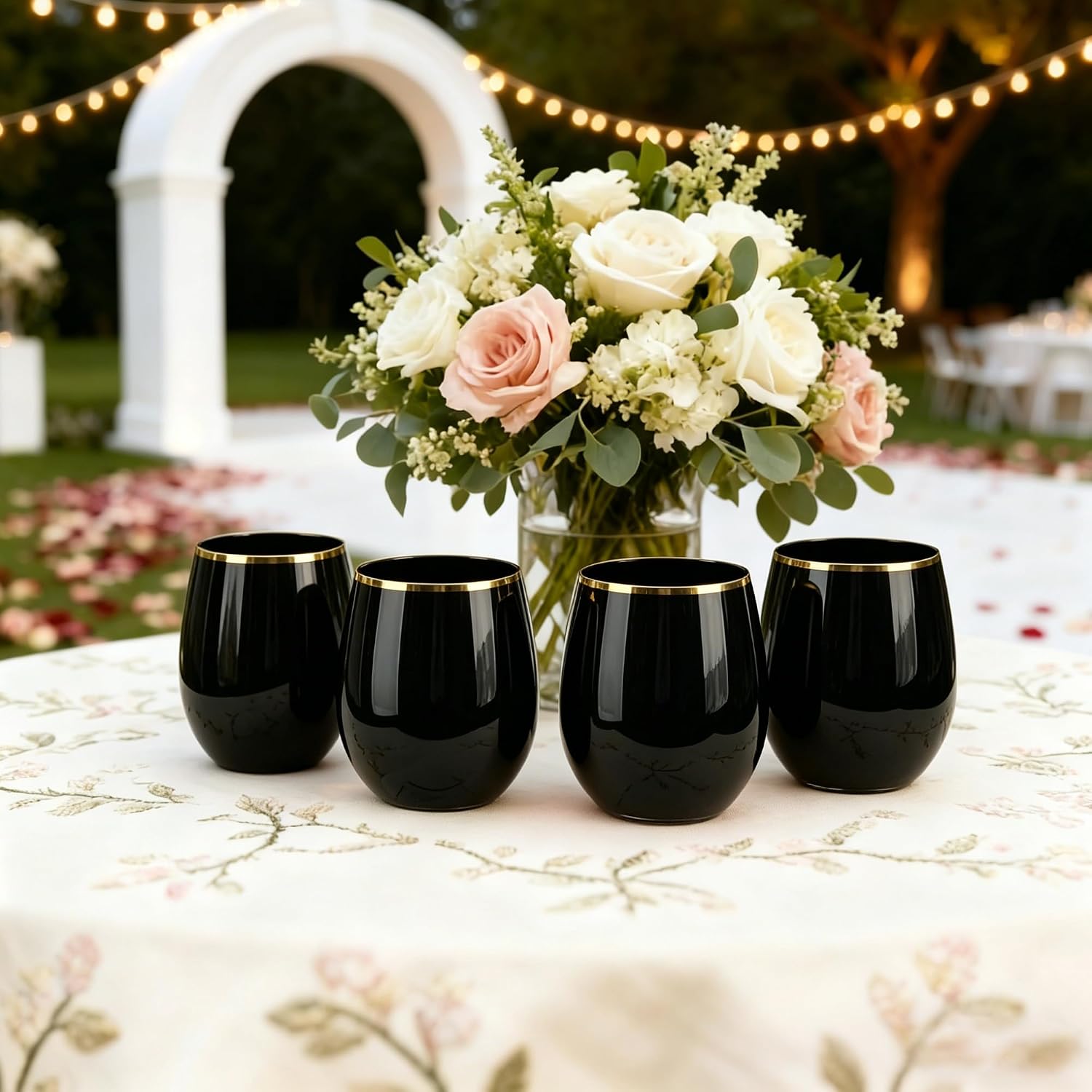GuanQiao 24 Pack Plastic Wine Glasses with Gold Rim, 12oz Black Stemless Disposable Wine Cups, Shatterproof & BPA-Free Reusable Drinkware for Wedding, Party, New Year and Bridal Shower