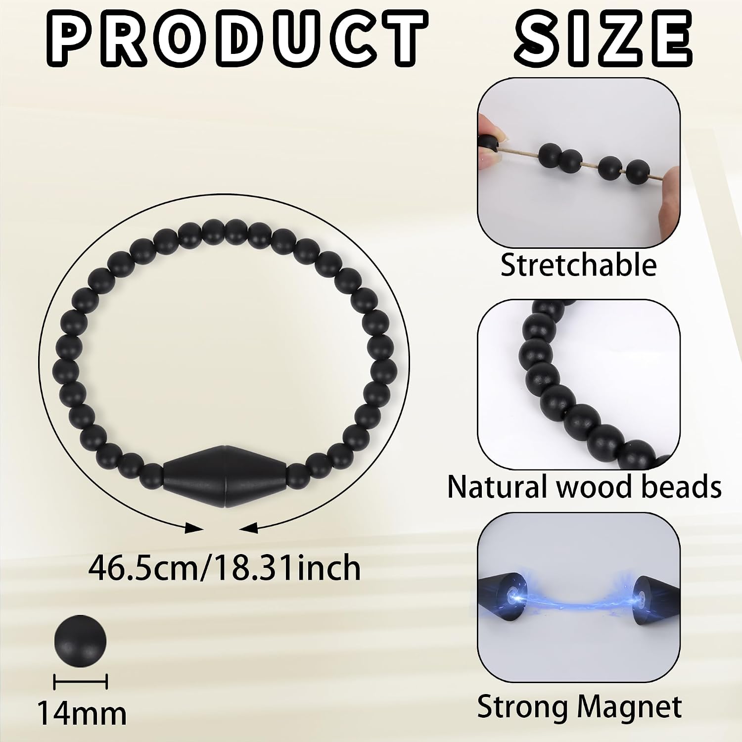 Meplait Magnetic Curtain Tiebacks, 4 Pack Boho Curtain Tie Backs, Black | Wood Bead Curtain Tie Backs, No Drill Curtain Holder for Drapes, Adjustable, for Living Room Bedroom Nursery Decor