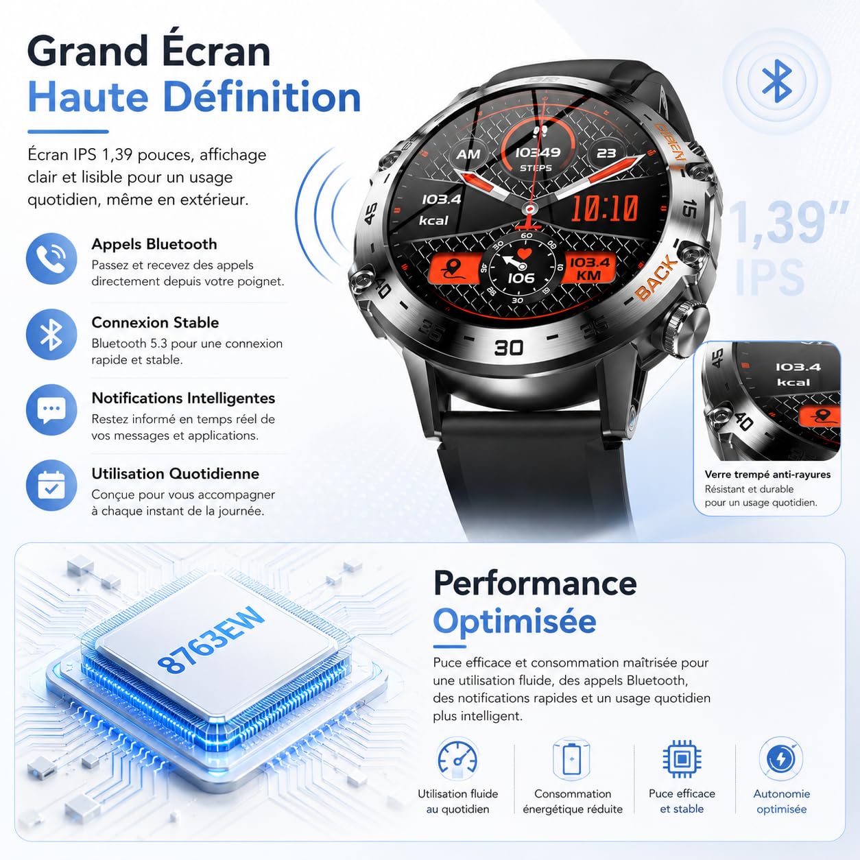 Onyxus Fitforce K52 Montre Connectée Bluetooth avec Appels, Écran Renforcé, Suivi du Sommeil, Autonomie 5 à 7 Jours, Montre Sport Étanche pour Homme Femme (Orange)