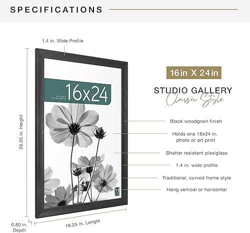 Vista 339 de MCS Studio Gallery Marco para póster de 16 x 24 pulgadas, imitación de veta de madera de color negro, colgar en horizontal o vertical, grande