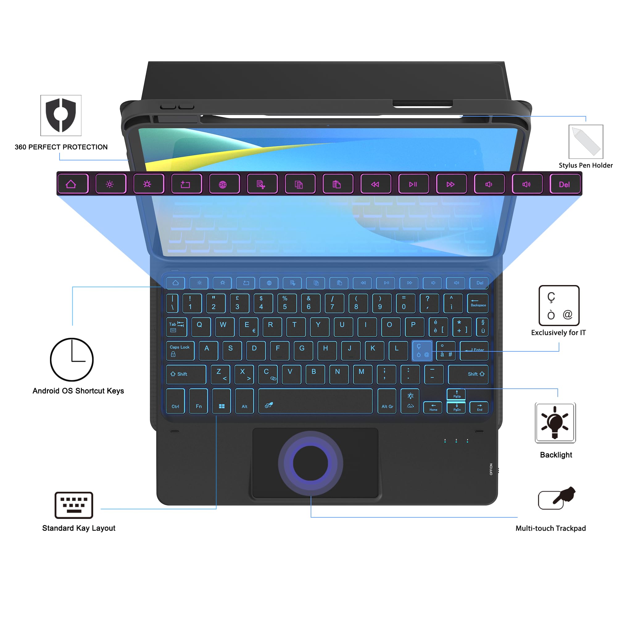Tastiera per iPad 10 Generazione 10.9'' 2022, Cover con Tastiera per iPad 11 Pollici (A16, 2025) : Italiano QWERTY con 7 Colori Illuminato & Touchpad intelligente, Senza fili Staccabile Custodia