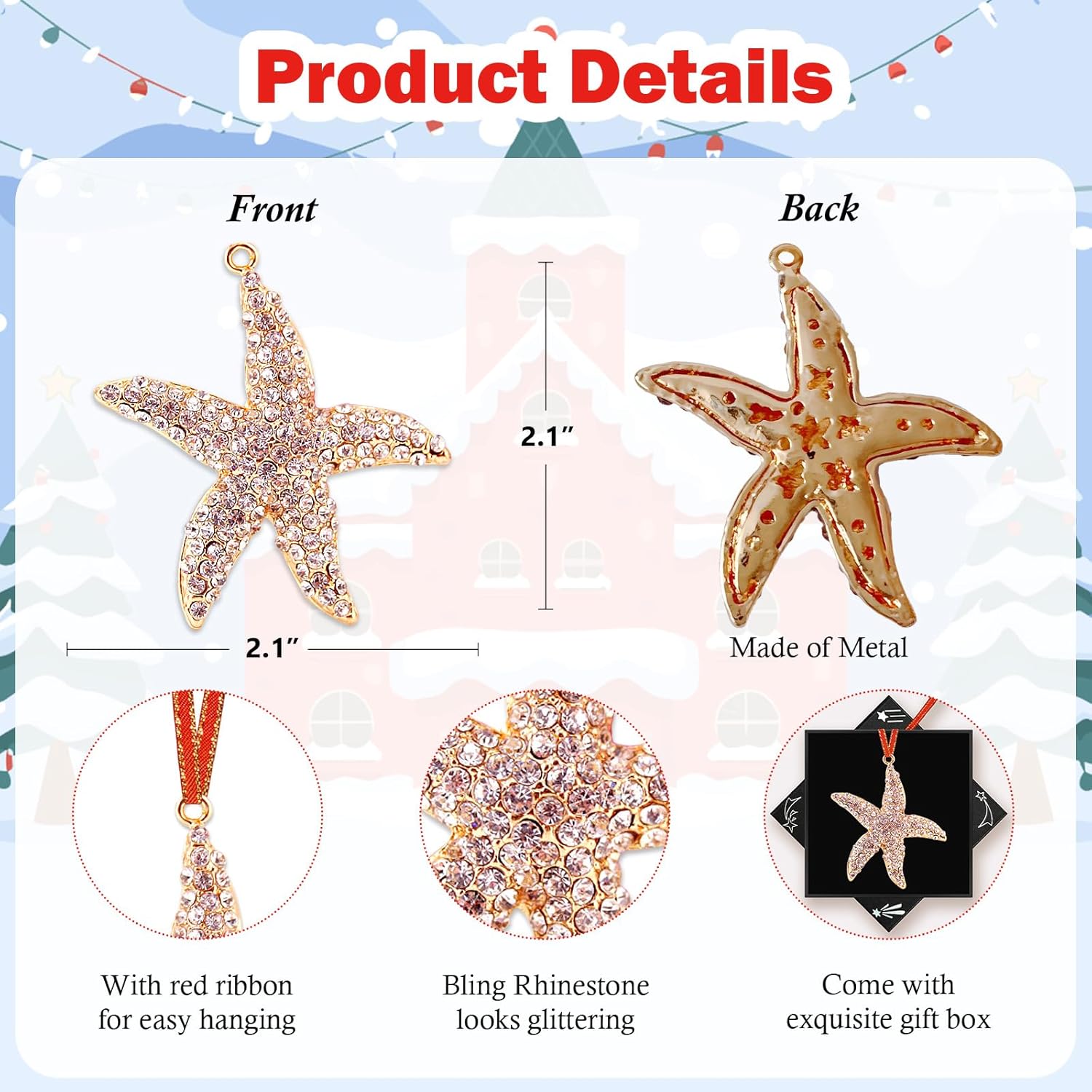 Starfish Beach Christmas Ornaments - Metal Starfish with Rhinestones Ornaments for Hanging Christmas Tree,Keepsake Gifts for Women Girls Mom Friendship - Image 3