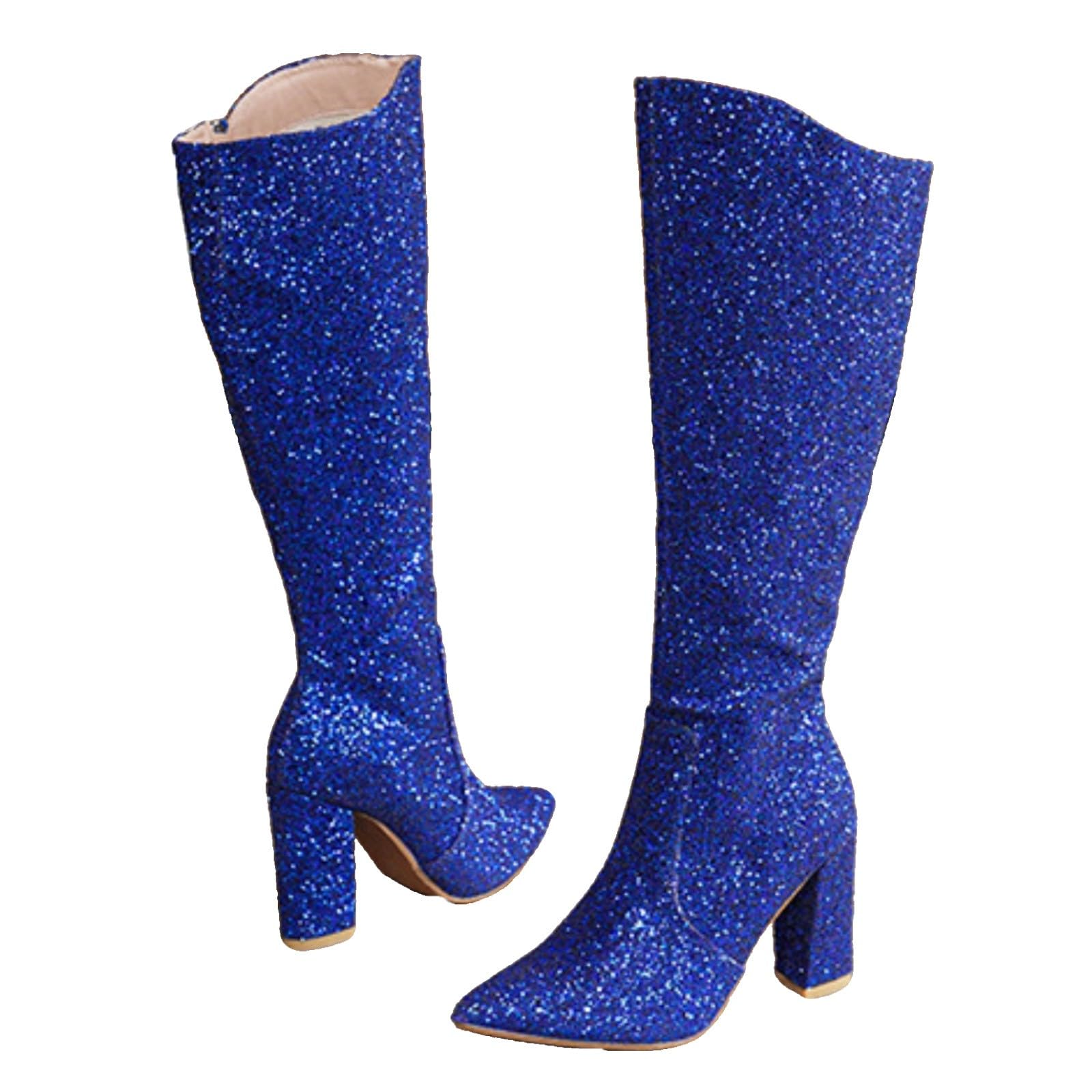 Nuovi Stivali Alti con Tacco Spesso Glitterati per La Primavera E L'Autunno, Lunghi Sexy Alto Grande Rotonda Polpaccio Donna Autunno Inverno Eleganti Medio Anfibi Scarponcini Trekking