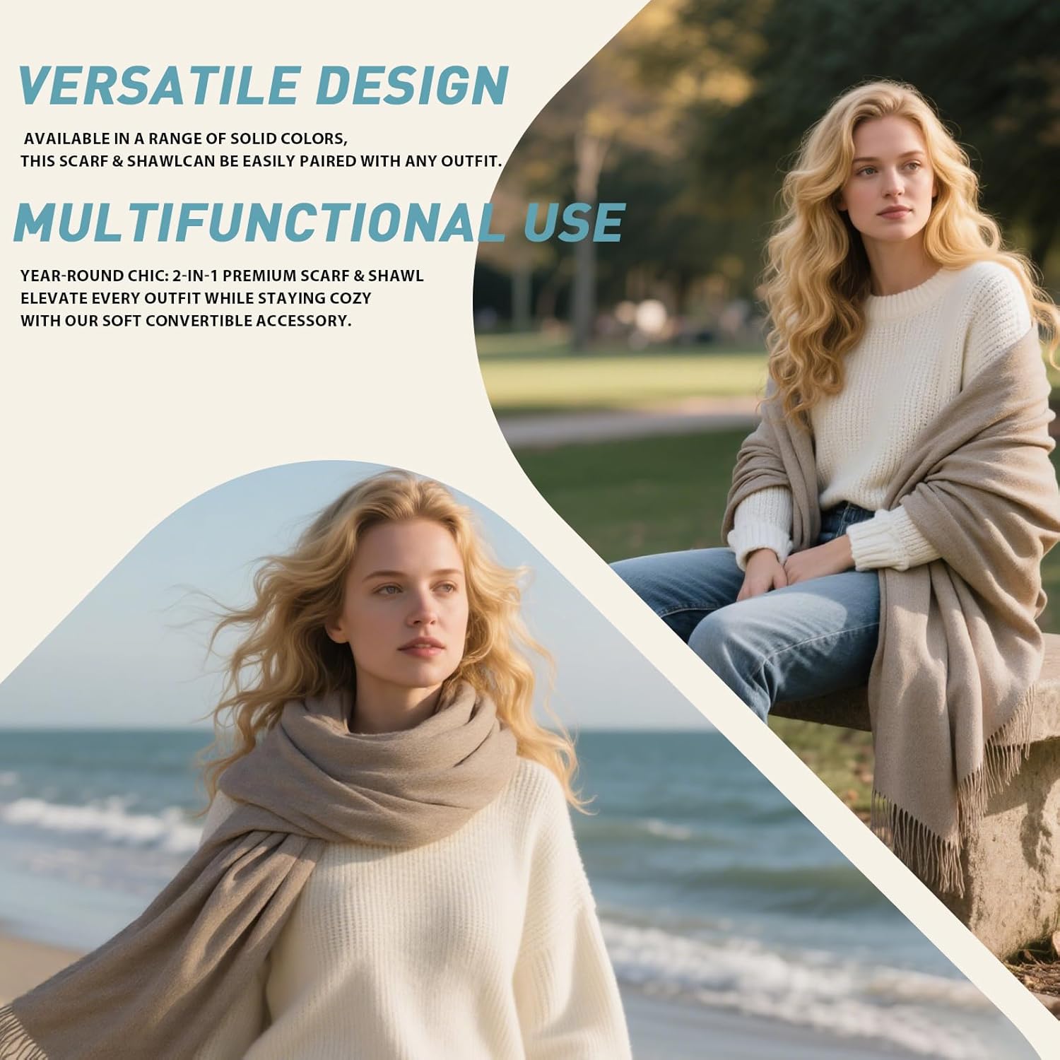 Winter Wool Scarf Shawl -Thick Oversized Pashmina Shawl Wrap,Soft Warm Winter Scarves,Travel Blanket Scarf for Women - Image 7