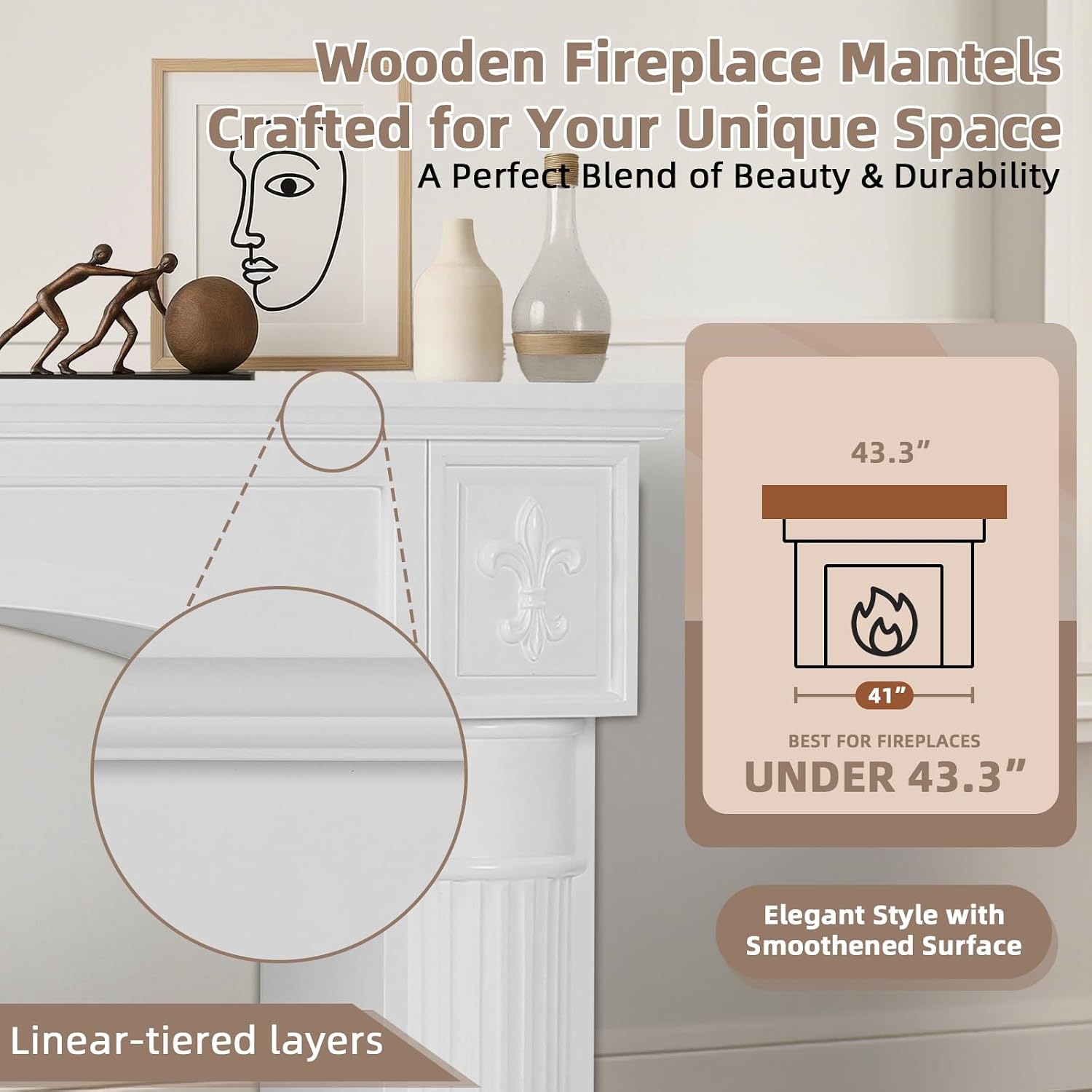Modern White Freestanding Fireplace Mantel Surround – Waterproof, Anti-Tipping Premium MDF Mantel with Leg for Electric Fireplace, Living Room Decor