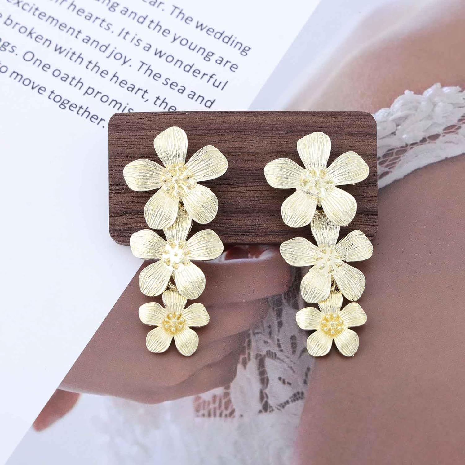 Bohemian Metal Flower Earrings Gold Large Flower Earrings Triple Floral Drop Earrings Long Flower Dangle Earrings Statement Floral Earrings Jewelry for Women - Image 4