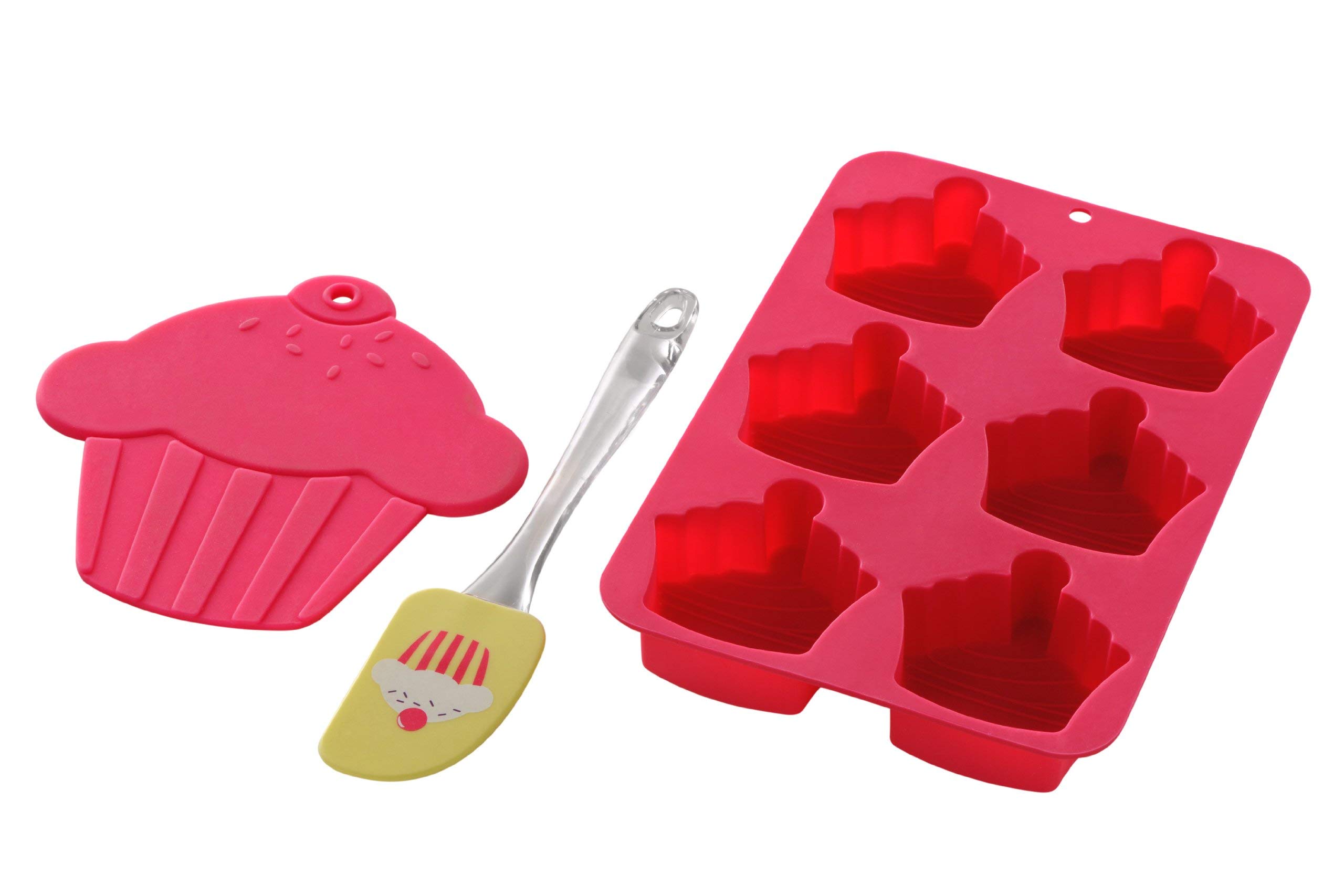 Cupcake Baking Set - 6 Silicone Moulds, Trivet & Spatula - Non-Stick - Pink Silicone
