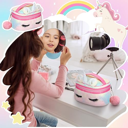 Miniatura 6 de Huhumy Bolsa de maquillaje de unicornio de 3 piezas, organizador de cosméticos con cremallera, kit de maquillaje de unicornio esponjoso, estuche de