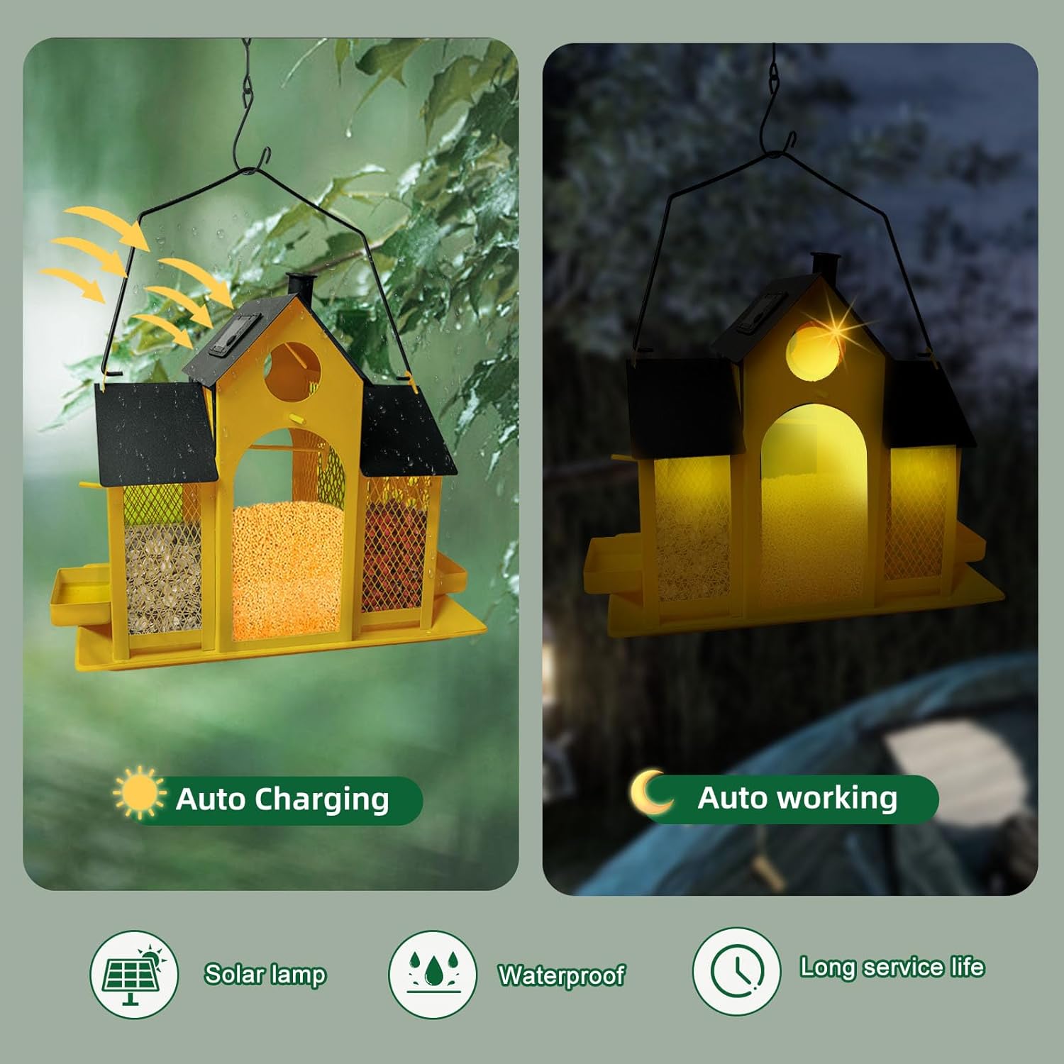 Solar Bird Feeder House for Outside Hanging, Large Capacity Birdhouse Bird Feeders Hanging for Outdoors, Metal Mesh Wild Birdfeeder for Finch Cardinal (Yellow and Black)